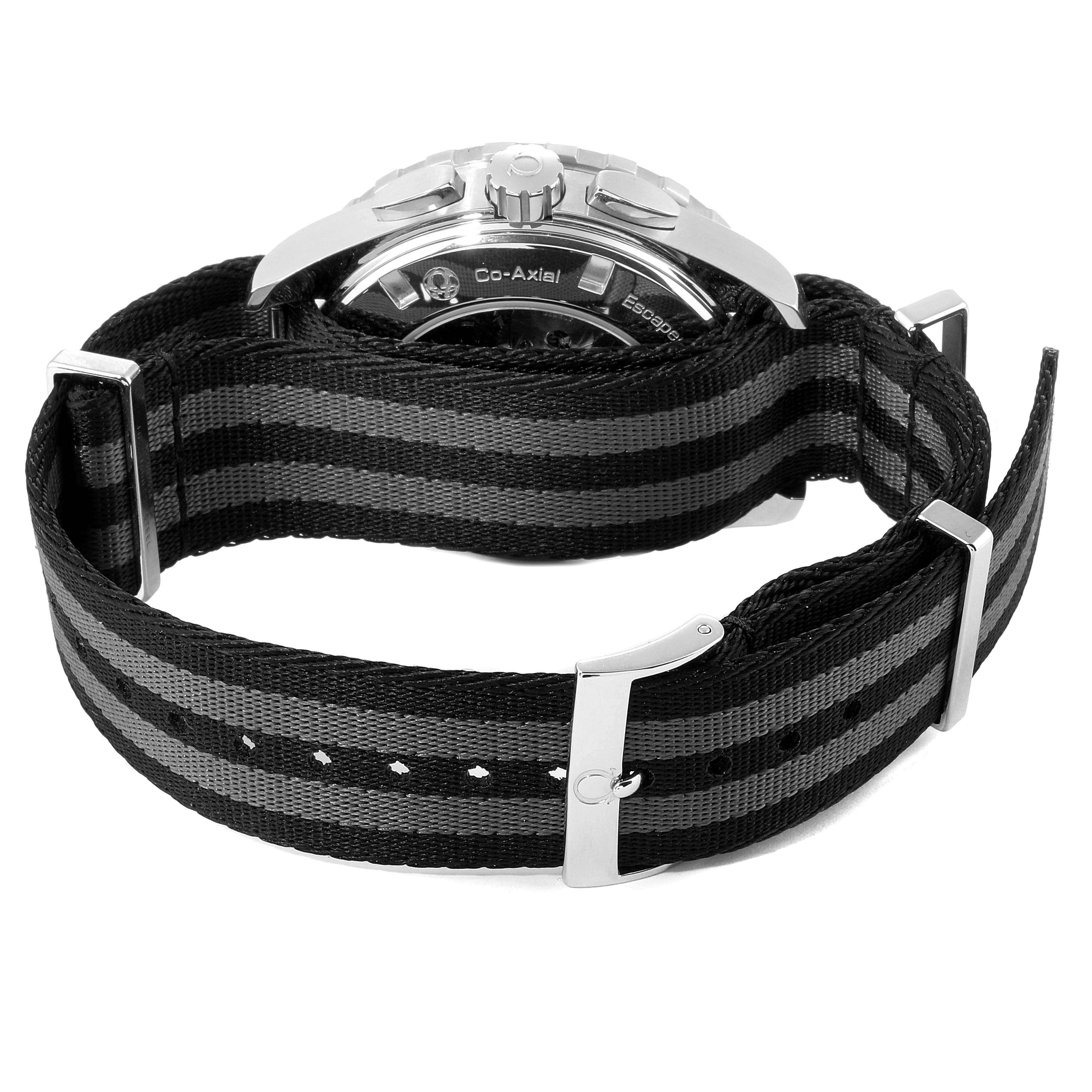 This image shows the back of the Omega Aqua Terra 231.13.44.52.04.001 Men
s Stainless Steel White Dial 231.13.44.52.04.001 Men
s Stainless Steel White Dial watch with its NATO strap and deployment clasp.