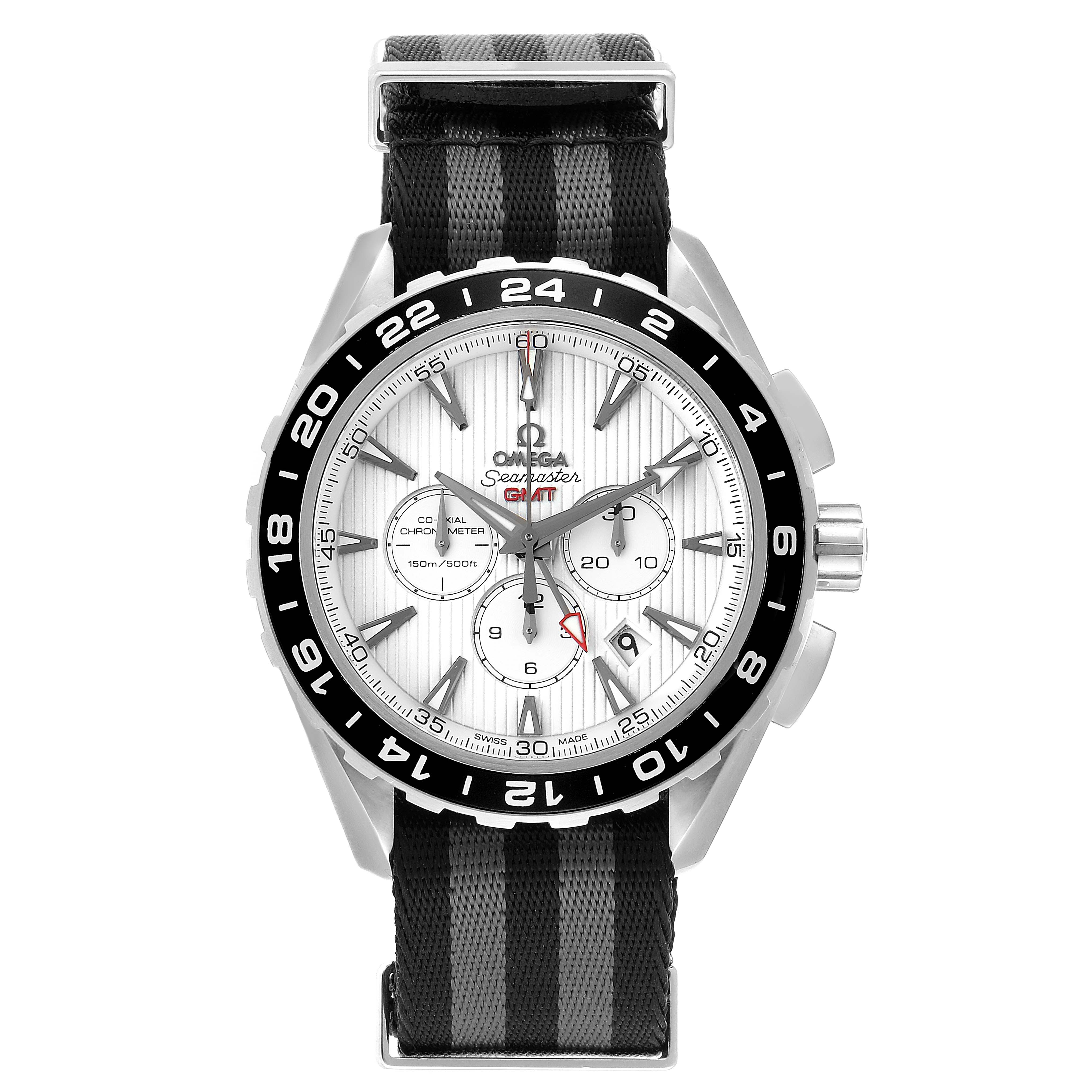 The Omega Aqua Terra 231.13.44.52.04.001 Men
s Stainless Steel White Dial 231.13.44.52.04.001 Men
s Stainless Steel White Dial watch is shown from a frontal angle, highlighting its dial, bezel, and strap.