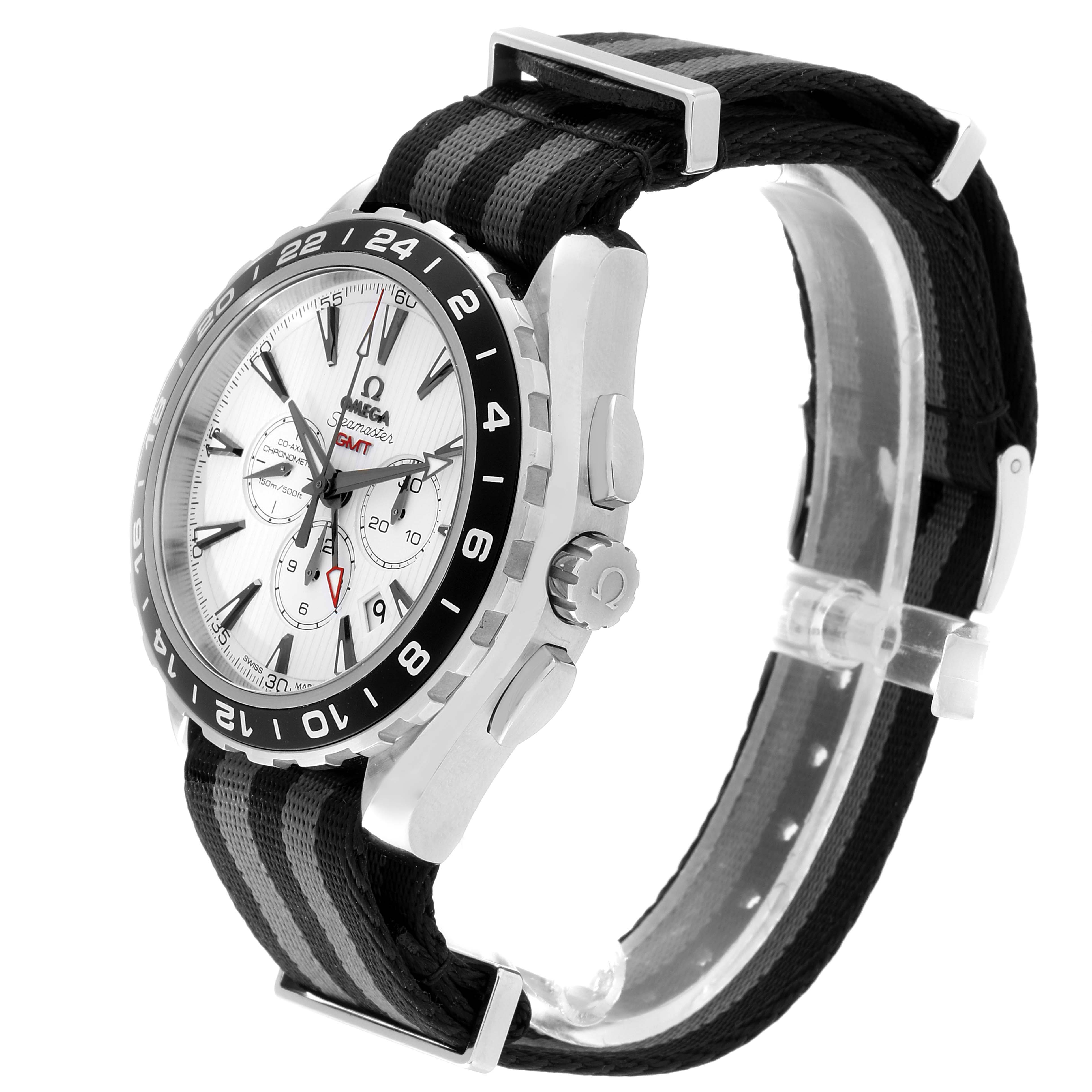 This image shows an Omega Aqua Terra 231.13.44.52.04.001 Men
s Stainless Steel White Dial 231.13.44.52.04.001 Men
s Stainless Steel White Dial model watch from a three-quarter side angle, highlighting the dial, bezel, and strap.