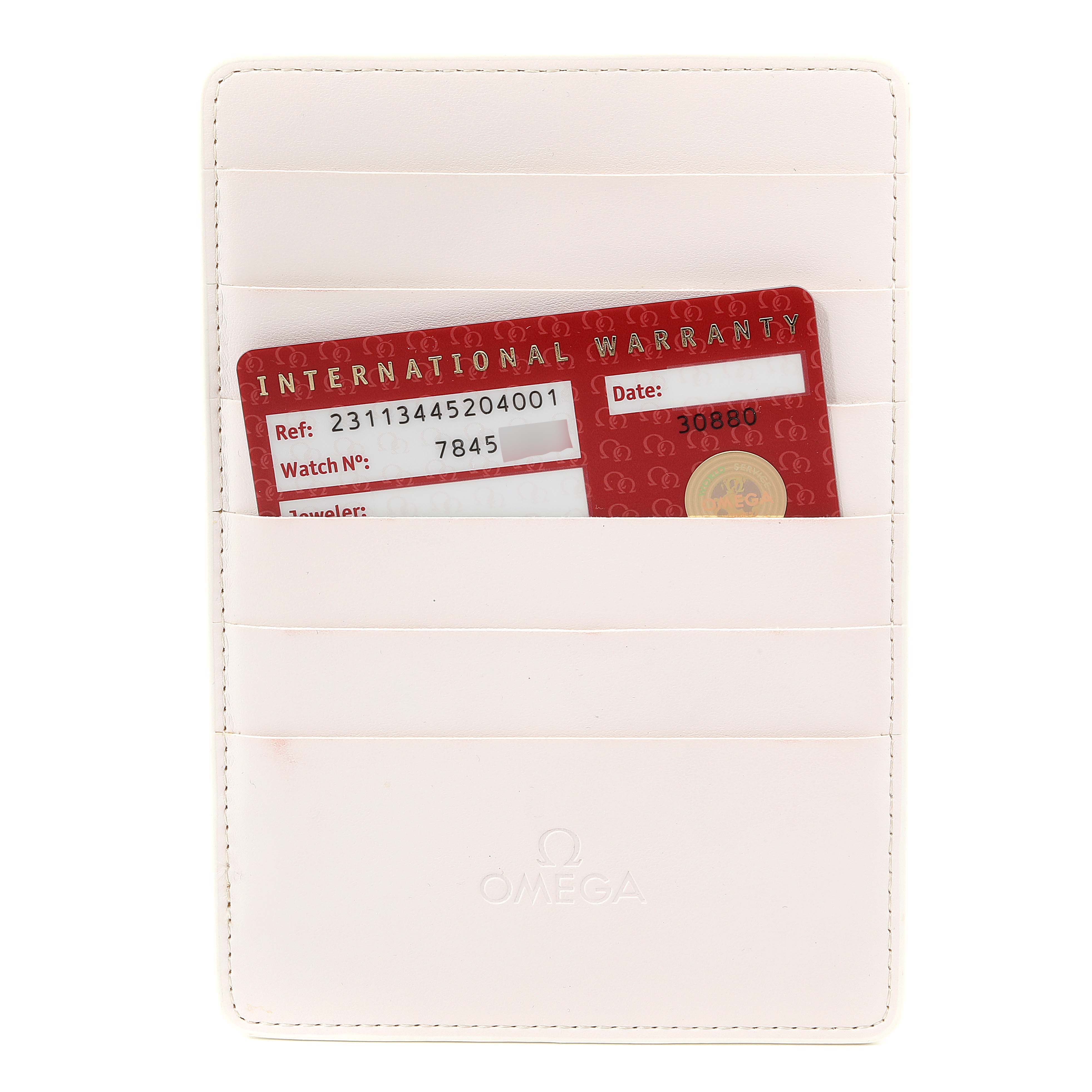 The image shows a white cardholder containing an international warranty card for the Omega Aqua Terra 231.13.44.52.04.001 Men
s Stainless Steel White Dial 231.13.44.52.04.001 Men
s Stainless Steel White Dial model.