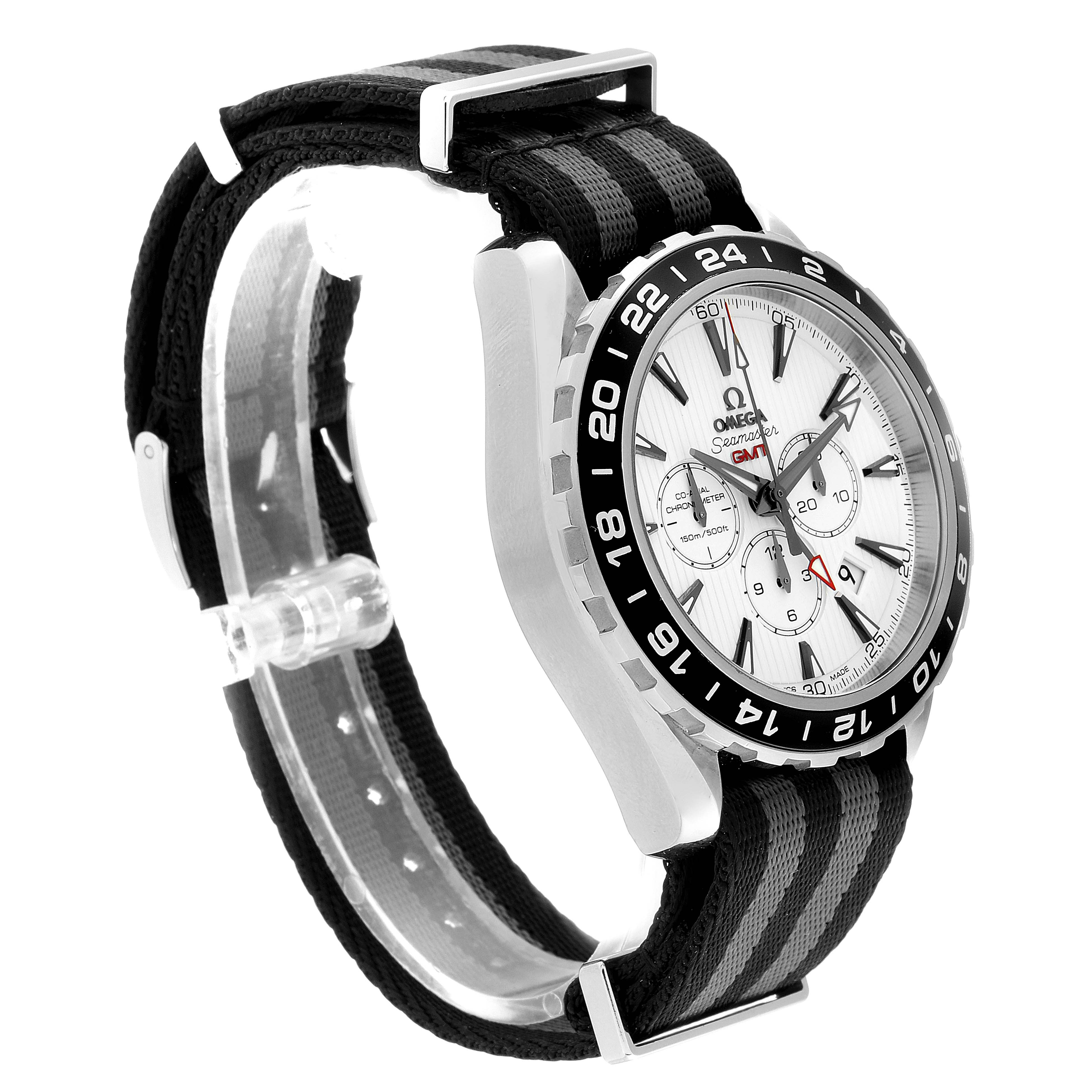 The image shows an Omega Aqua Terra 231.13.44.52.04.001 Men
s Stainless Steel White Dial 231.13.44.52.04.001 Men
s Stainless Steel White Dial watch at an angled side view, highlighting its face, bezel, and strap.