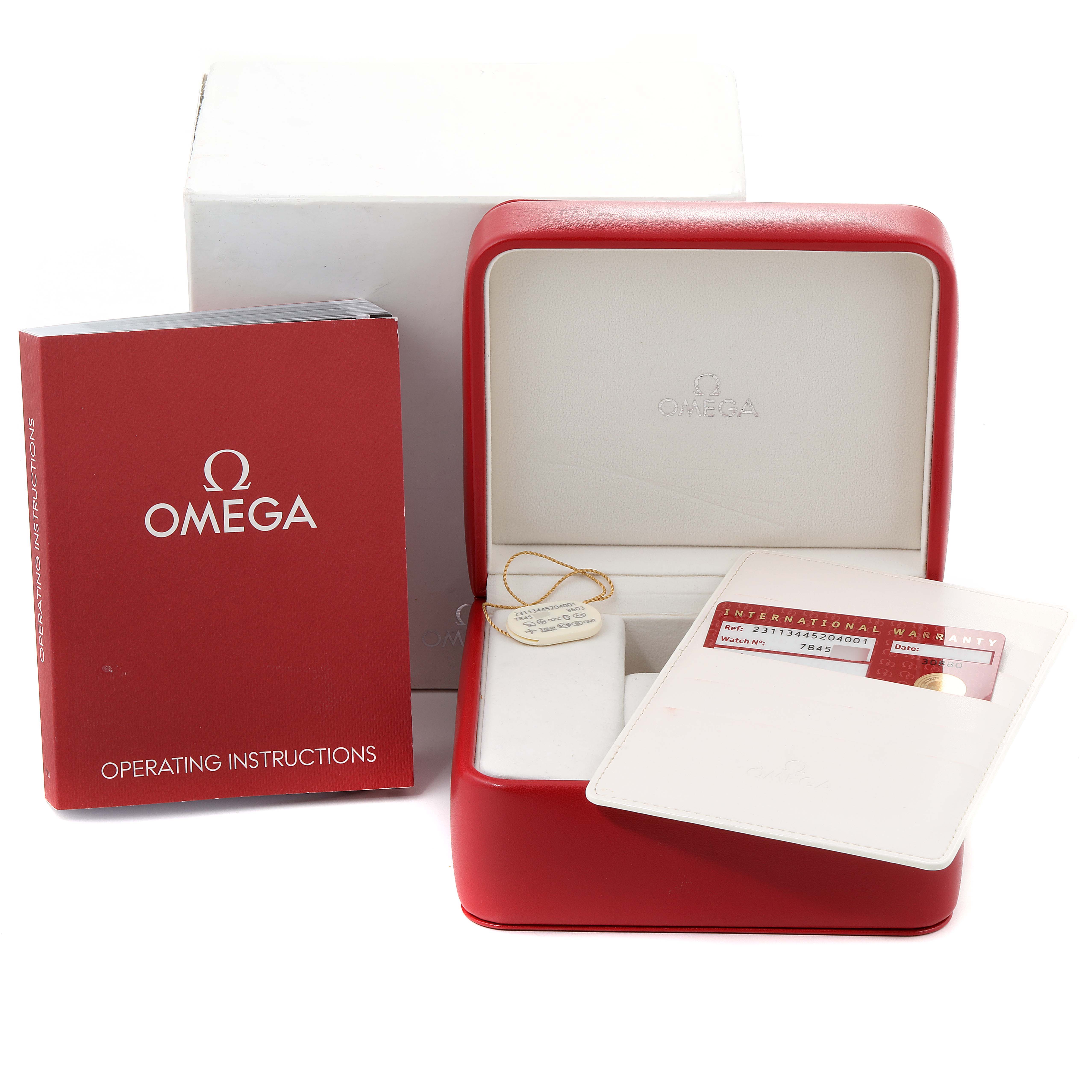 The image shows the packaging, operating instructions, and warranty card for the Omega Aqua Terra 231.13.44.52.04.001 Men
s Stainless Steel White Dial 231.13.44.52.04.001 Men
s Stainless Steel White Dial watch.