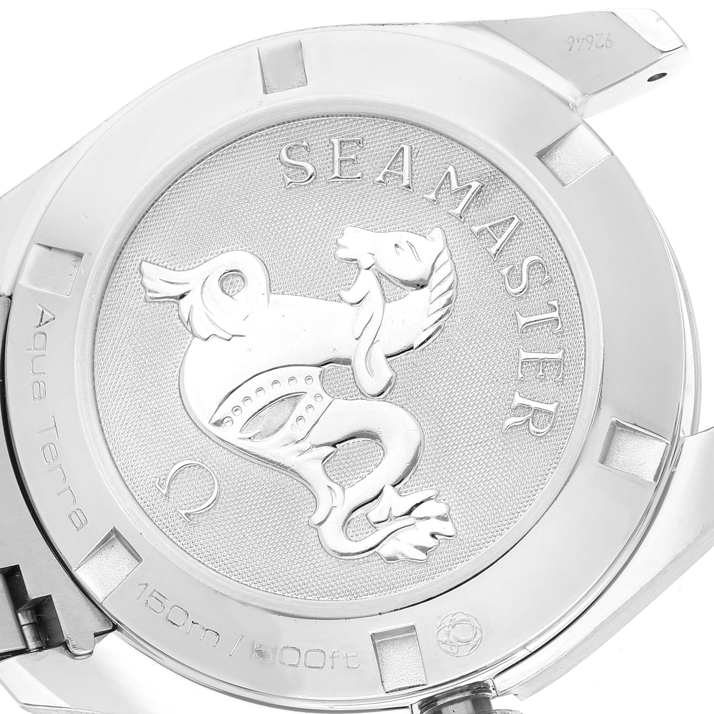 This image shows the back casing of the Omega Aqua Terra 231.10.39.60.06.001 Men's Stainless Steel Grey Dial 231.10.39.60.06.001 Men's Stainless Steel Grey Dial watch, featuring the Seamaster logo and water resistance details.