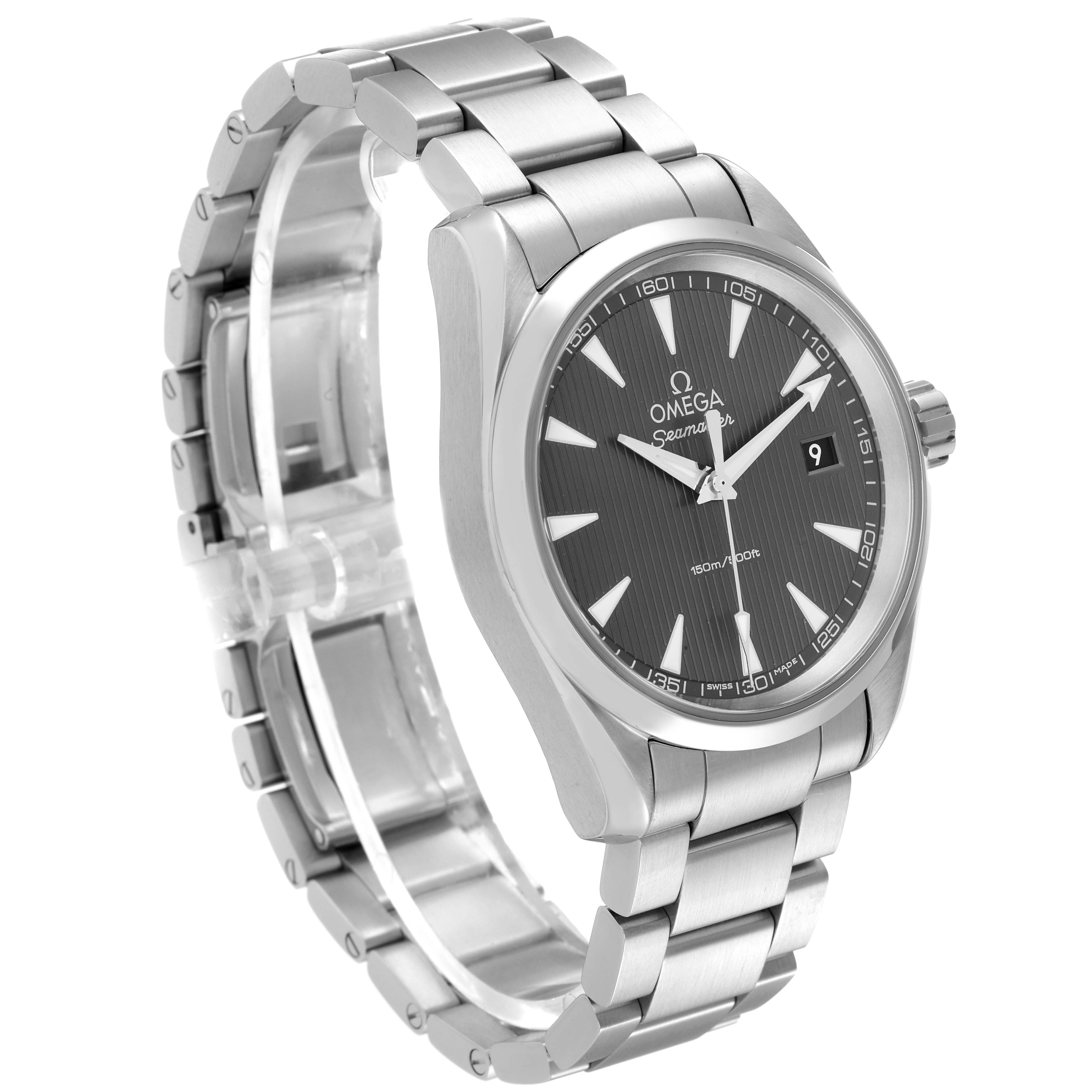 The Omega Aqua Terra 231.10.39.60.06.001 Men's Stainless Steel Grey Dial 231.10.39.60.06.001 Men's Stainless Steel Grey Dial watch is shown at a front-right angle, highlighting its stainless steel band, dial, and bezel.