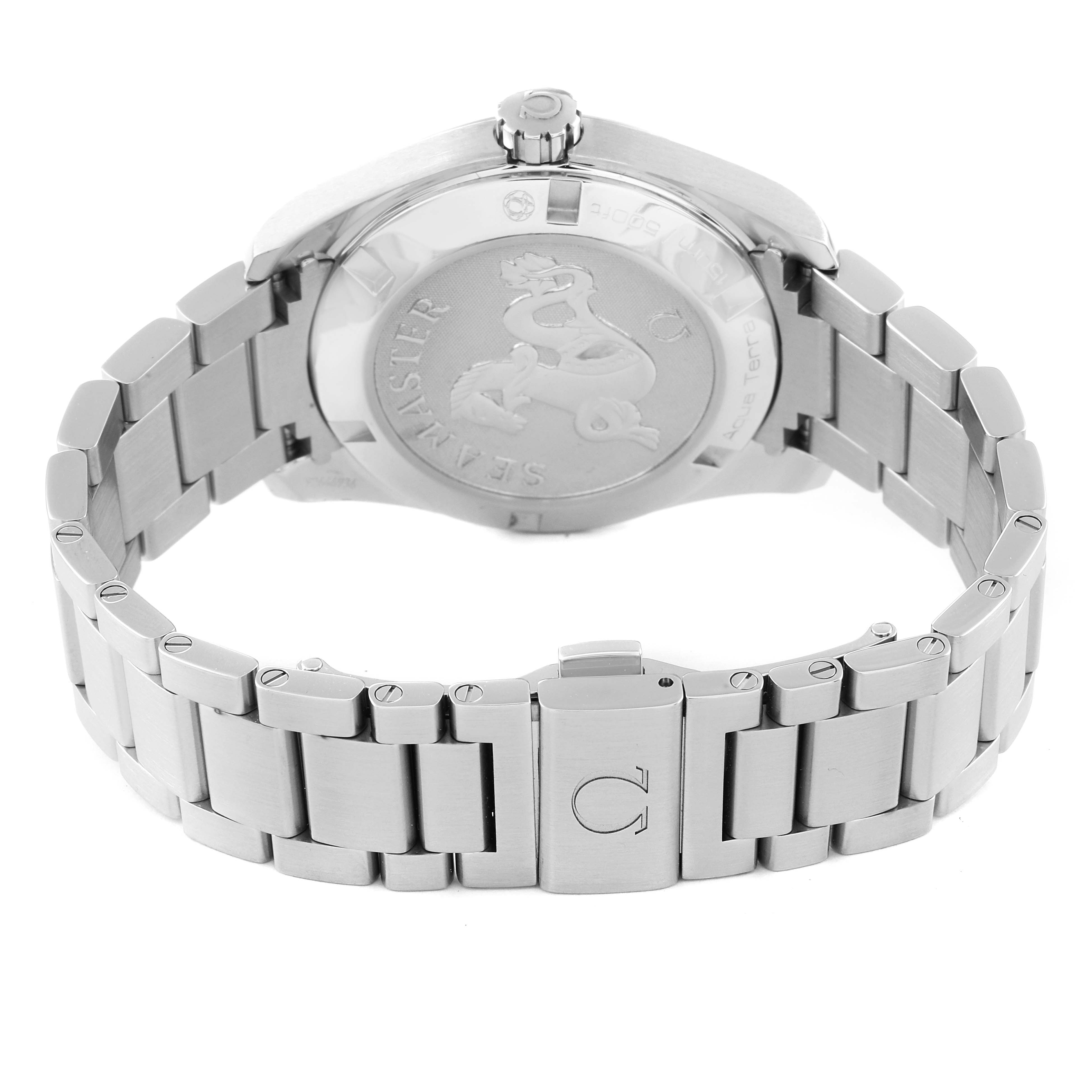 This image shows the back case and bracelet of the Omega Aqua Terra 231.10.39.60.06.001 Men's Stainless Steel Grey Dial 231.10.39.60.06.001 Men's Stainless Steel Grey Dial watch from a rear angle.