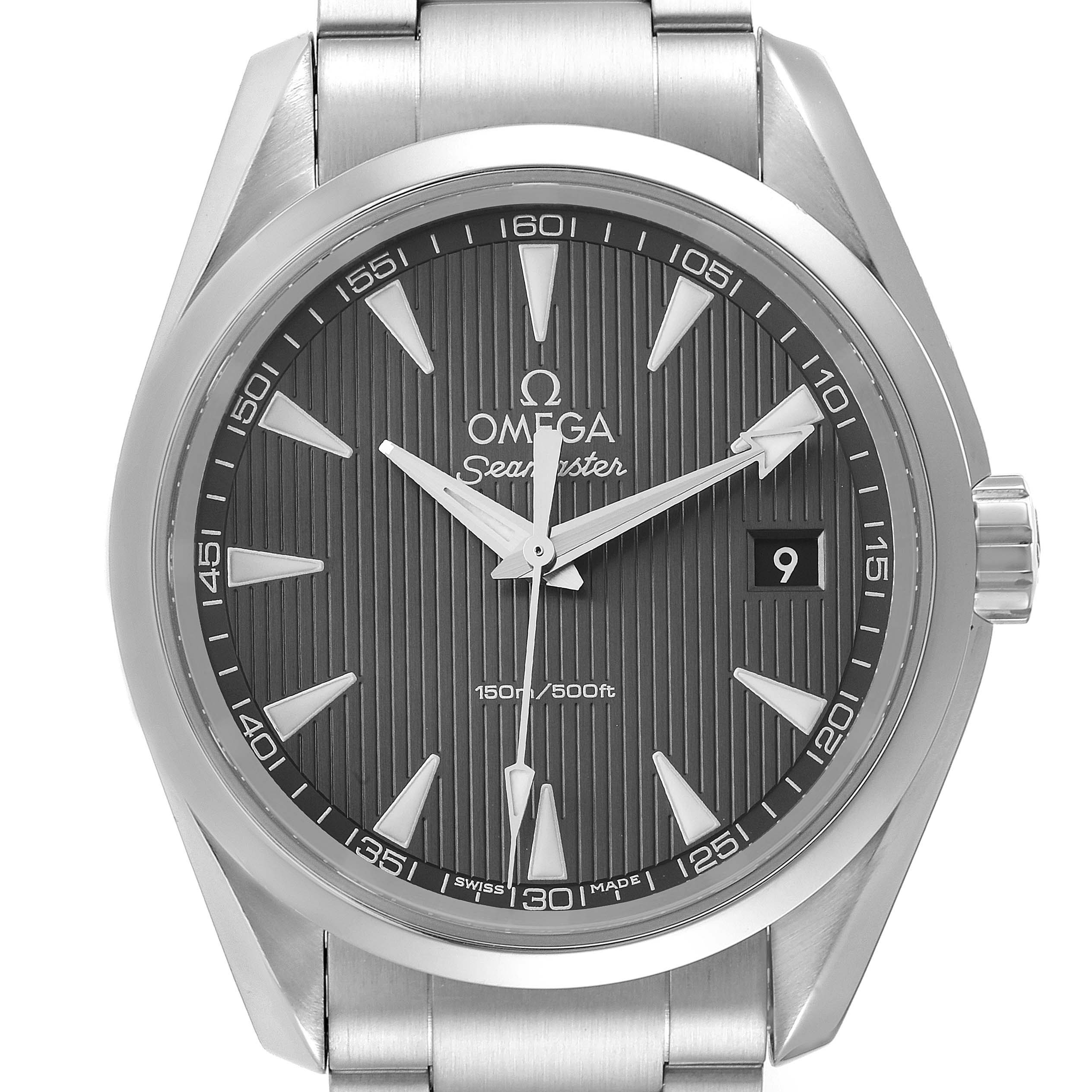 This image shows a front view of the Omega Aqua Terra 231.10.39.60.06.001 Men's Stainless Steel Grey Dial 231.10.39.60.06.001 Men's Stainless Steel Grey Dial Seamaster watch, highlighting the dial, hands, date window, and bracelet.