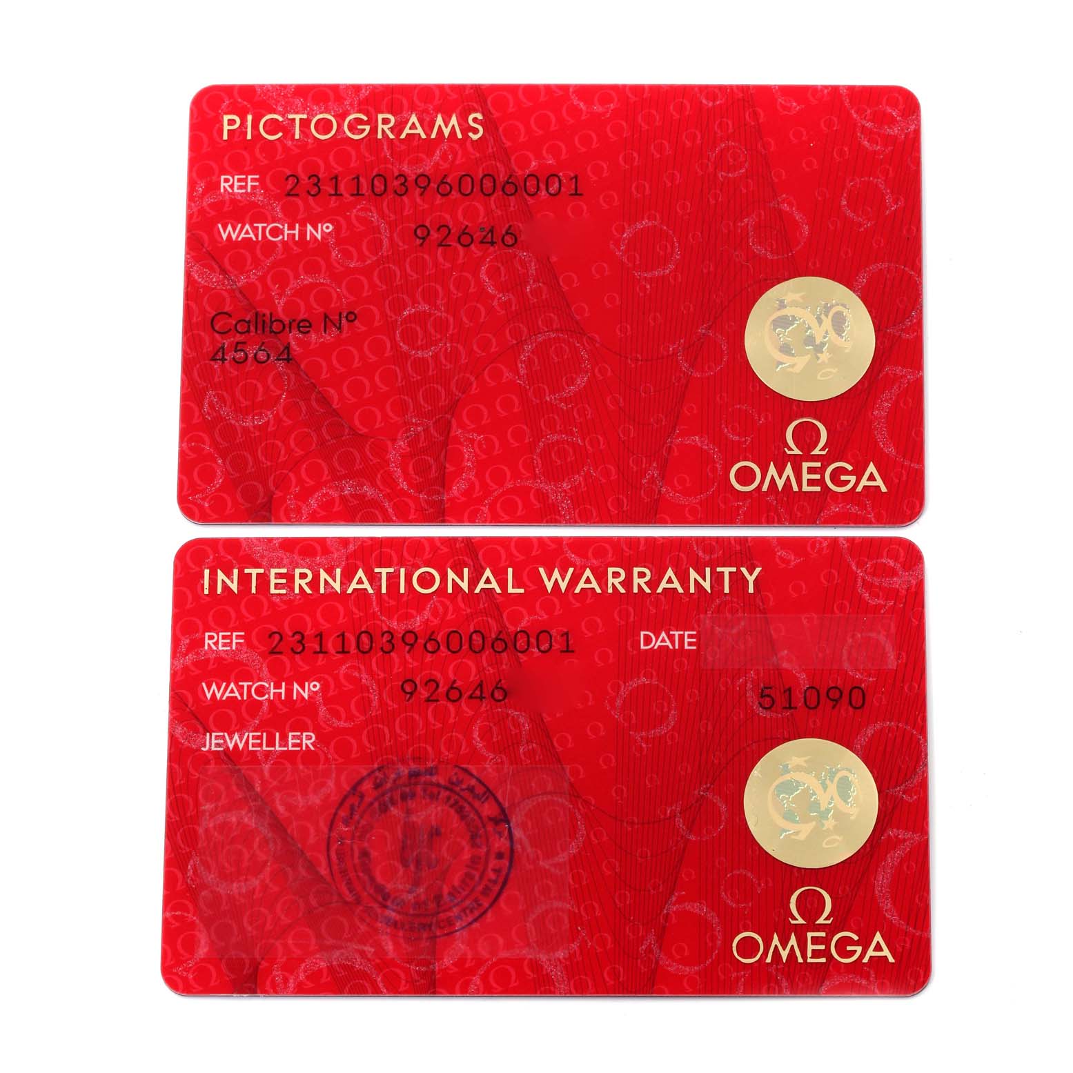 The image shows two red cards for the Omega Aqua Terra 231.10.39.60.06.001 Men's Stainless Steel Grey Dial 231.10.39.60.06.001 Men's Stainless Steel Grey Dial model: a Pictogram card and an International Warranty card.