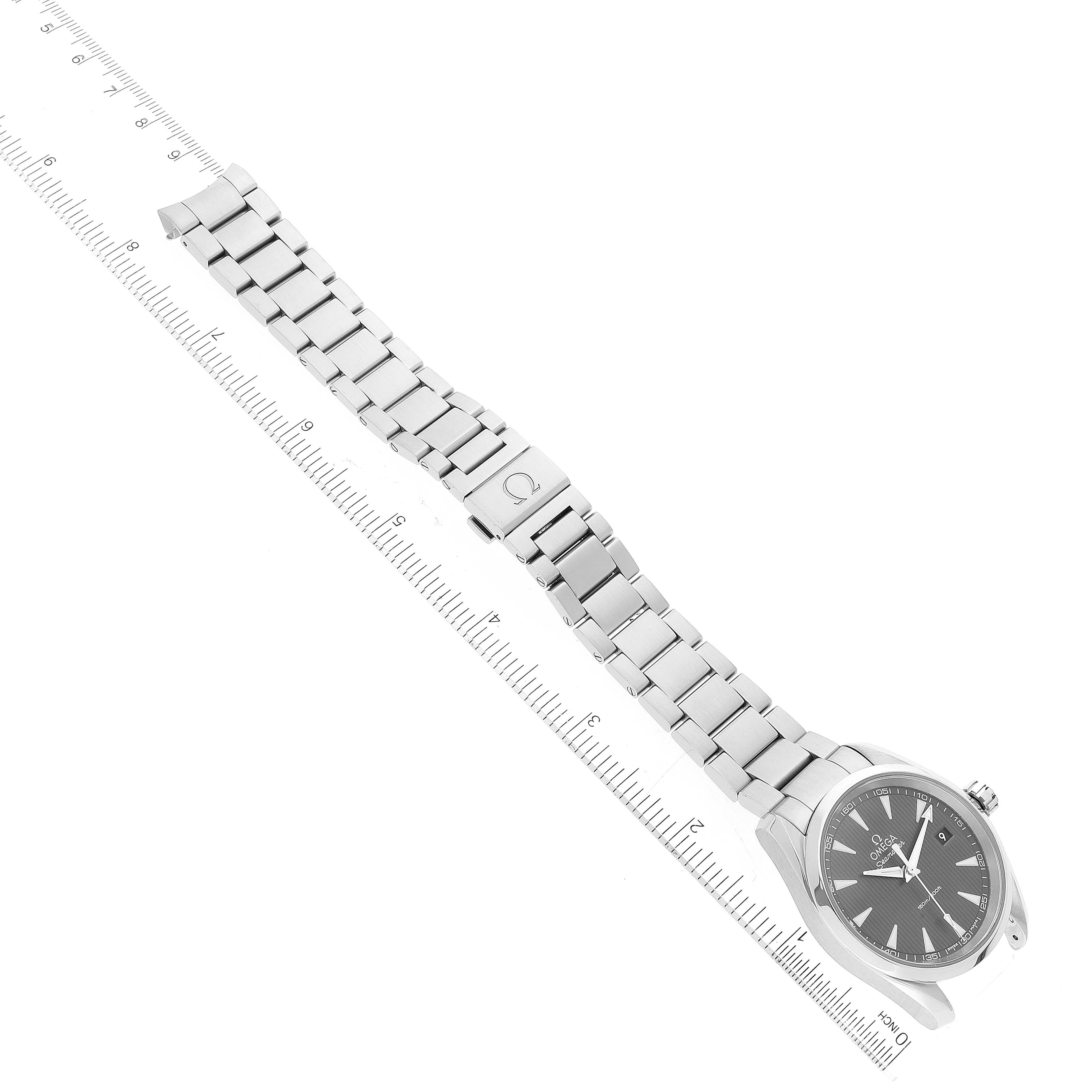 The Omega Aqua Terra 231.10.39.60.06.001 Men's Stainless Steel Grey Dial 231.10.39.60.06.001 Men's Stainless Steel Grey Dial watch is shown at a diagonal angle, displaying the face, band, clasp, and partial length of the bracelet.