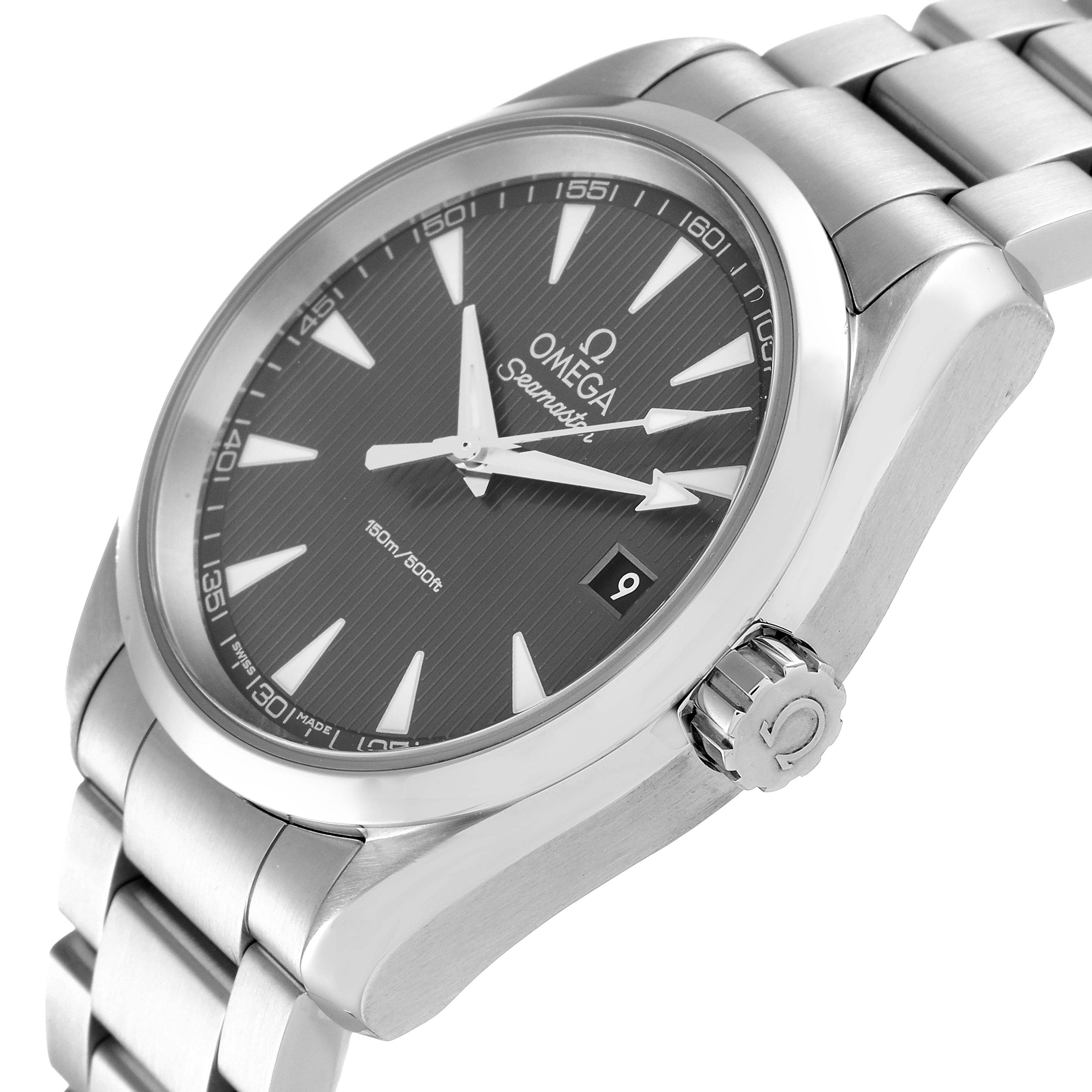 The image shows an Omega Aqua Terra 231.10.39.60.06.001 Men's Stainless Steel Grey Dial 231.10.39.60.06.001 Men's Stainless Steel Grey Dial watch at a slight angle, highlighting the dial, crown, and part of the bracelet.