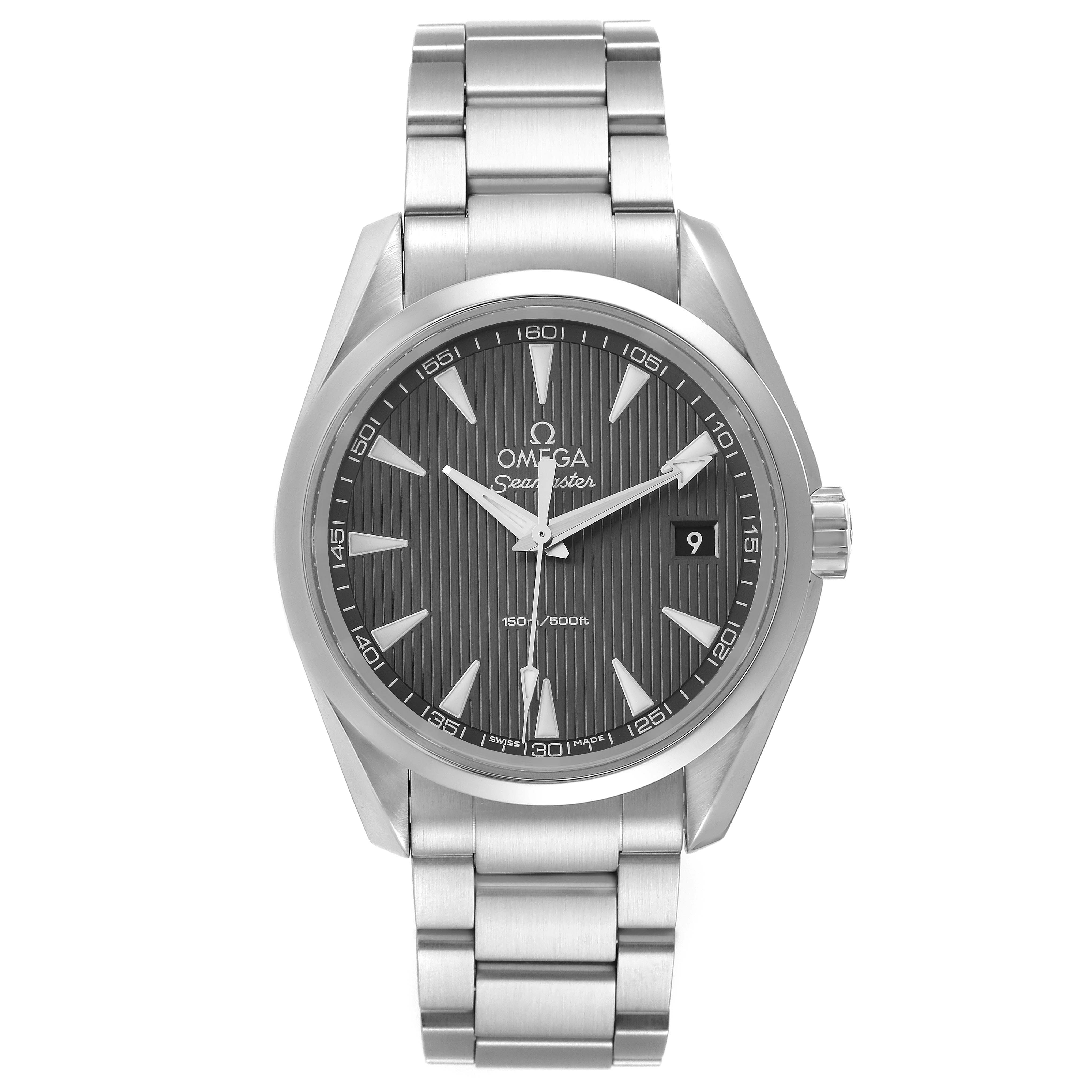The image shows a front view of an Omega Aqua Terra 231.10.39.60.06.001 Men's Stainless Steel Grey Dial 231.10.39.60.06.001 Men's Stainless Steel Grey Dial model watch, highlighting its face, hands, date window, and metal bracelet.