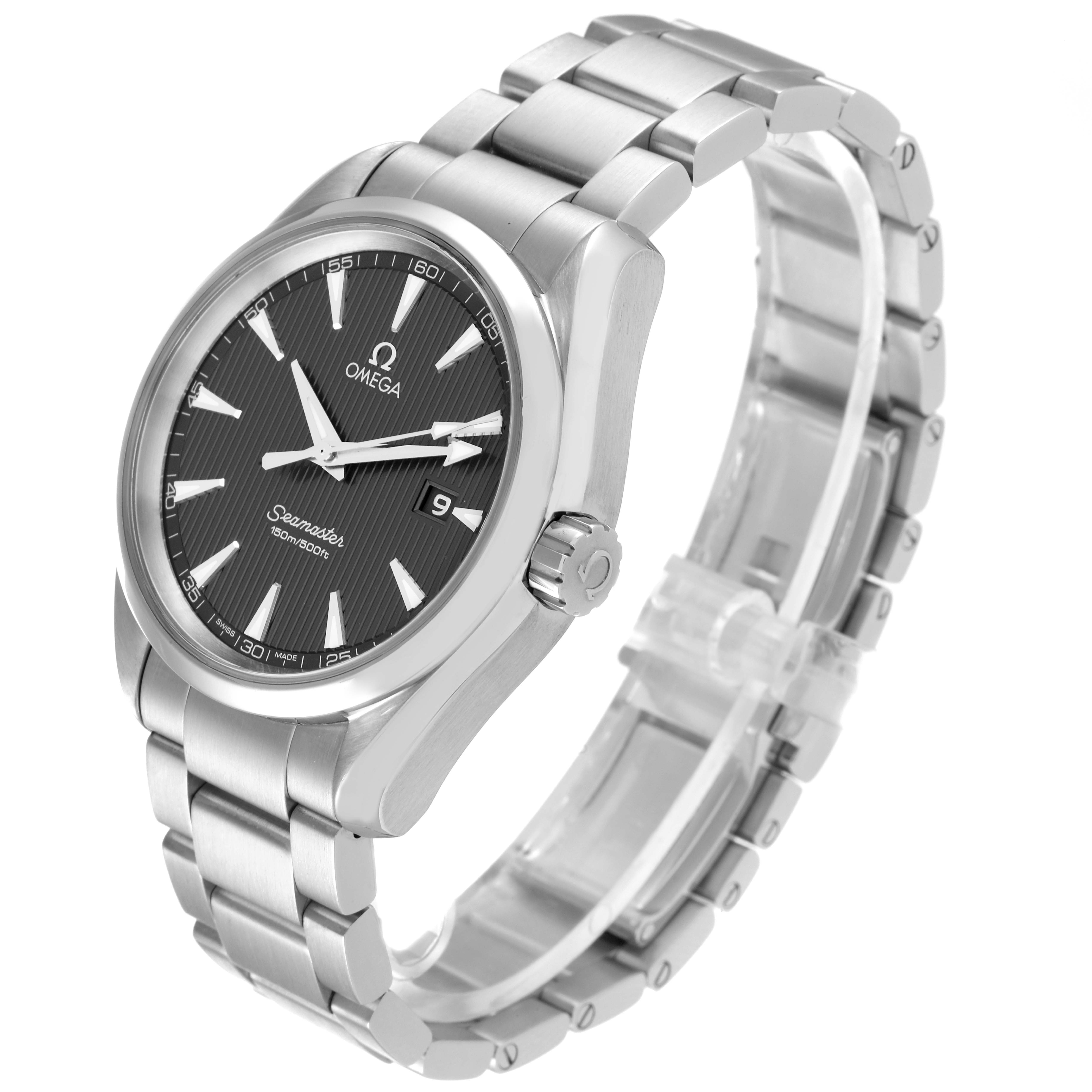 The image shows an Omega Aqua Terra 231.10.39.61.06.001 Men's Stainless Steel Grey Dial 231.10.39.61.06.001 Men's Stainless Steel Grey Dial watch at a three-quarter angle, highlighting its case, dial, bracelet, and crown.