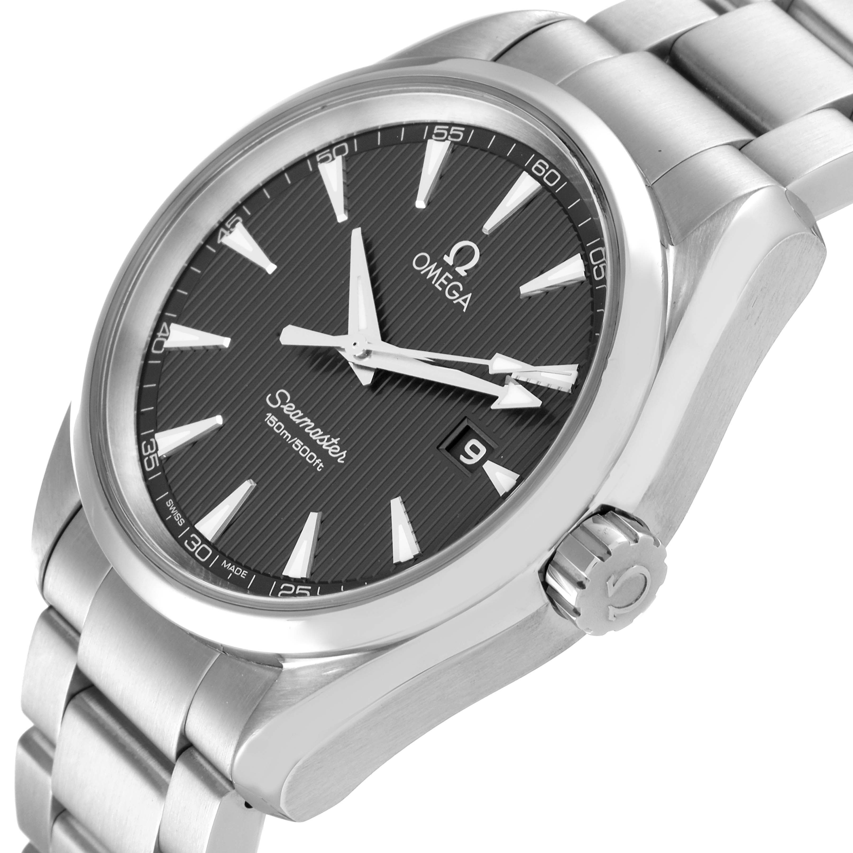 This image shows an angled close-up of the Omega Aqua Terra 231.10.39.61.06.001 Men's Stainless Steel Grey Dial 231.10.39.61.06.001 Men's Stainless Steel Grey Dial Seamaster watch, highlighting the dial, bezel, and stainless steel bracelet.