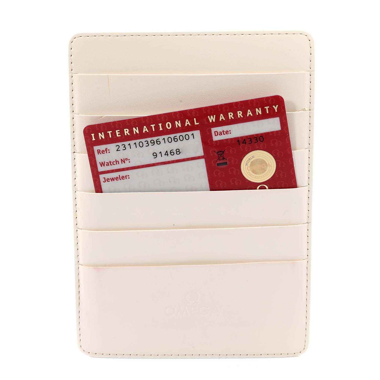 The image shows the Omega Aqua Terra 231.10.39.61.06.001 Men's Stainless Steel Grey Dial 231.10.39.61.06.001 Men's Stainless Steel Grey Dial watch's International Warranty card partially inserted in a beige card holder.