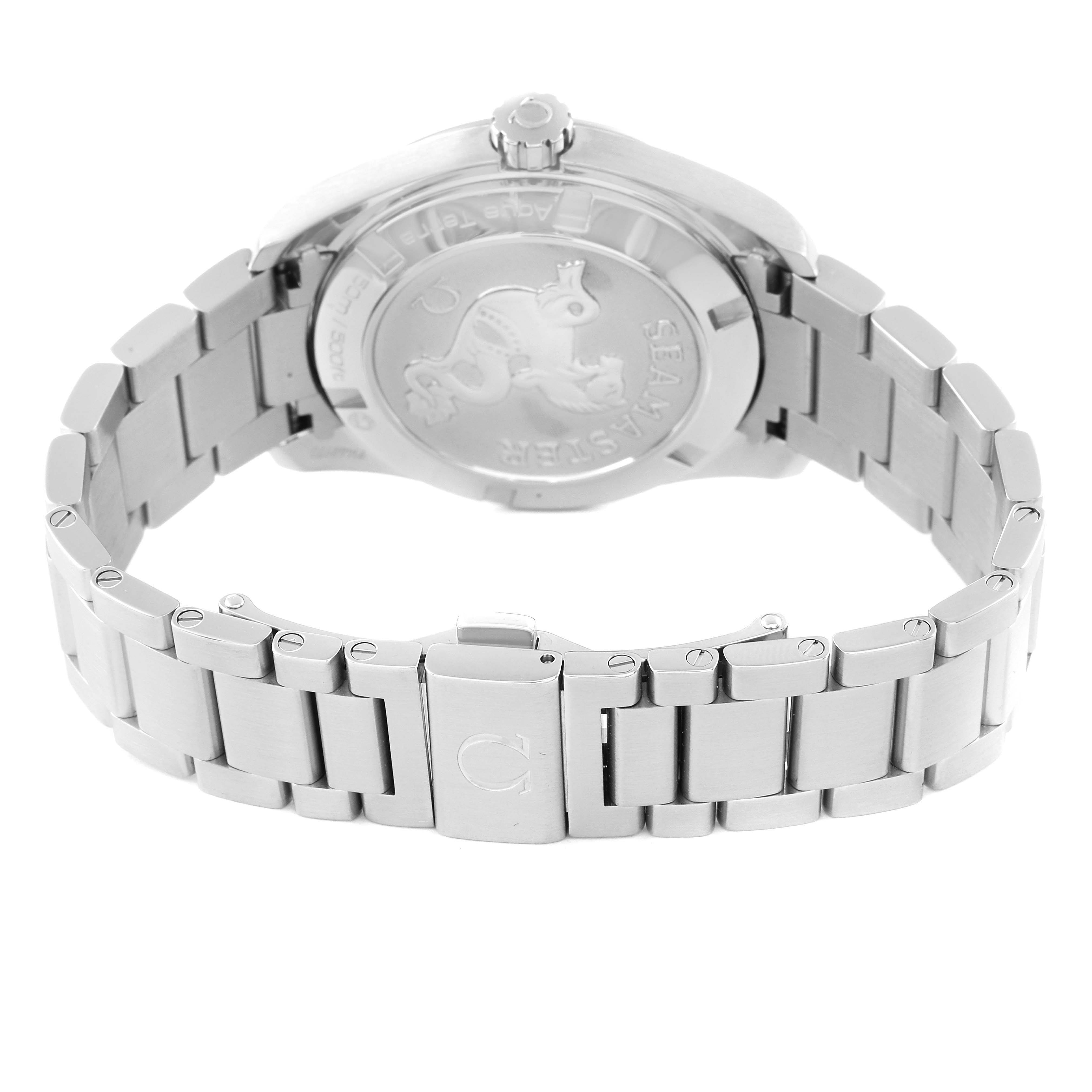 This image shows the back case and clasp of the Omega Aqua Terra 231.10.39.61.06.001 Men's Stainless Steel Grey Dial 231.10.39.61.06.001 Men's Stainless Steel Grey Dial watch, highlighting the bracelet and engravings.