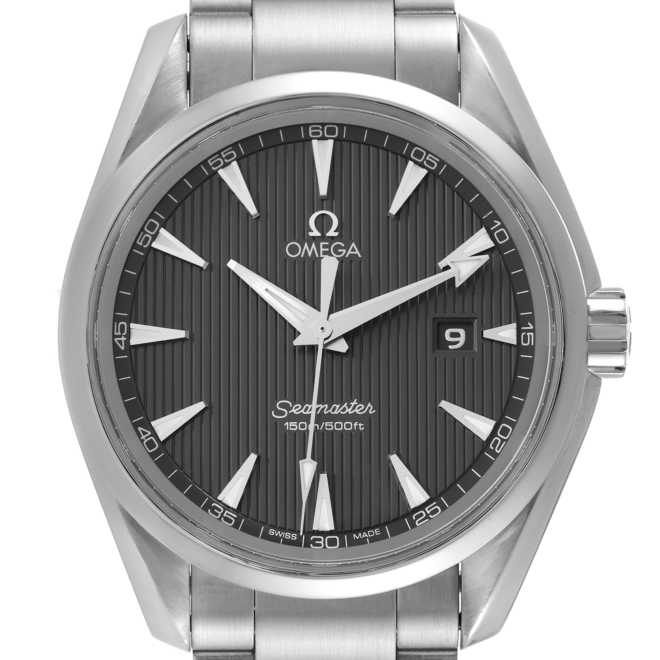 The image shows a front view of the Omega Aqua Terra 231.10.39.61.06.001 Men's Stainless Steel Grey Dial 231.10.39.61.06.001 Men's Stainless Steel Grey Dial model, highlighting the dial, hands, hour markers, and part of the bracelet.