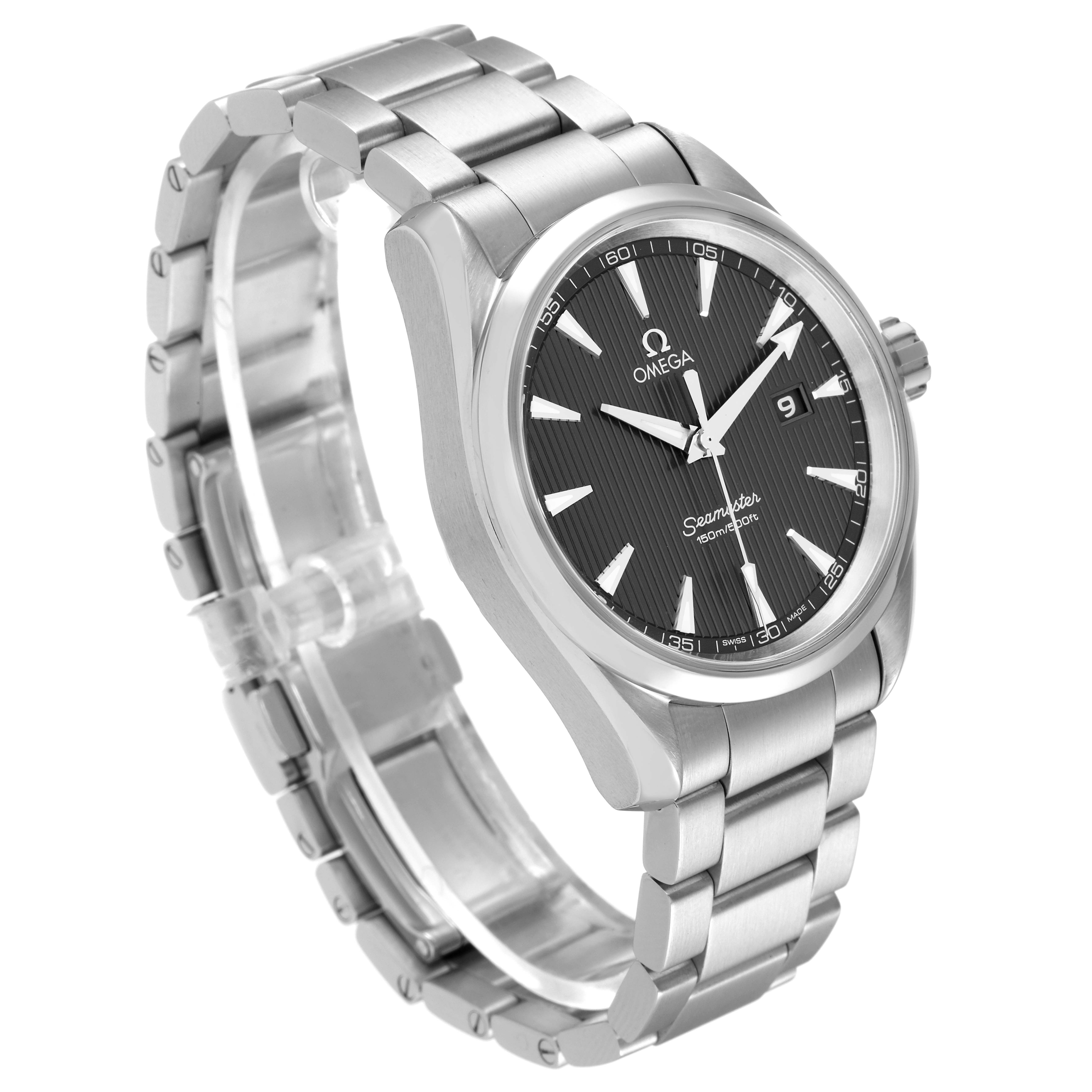 The Omega Aqua Terra 231.10.39.61.06.001 Men's Stainless Steel Grey Dial 231.10.39.61.06.001 Men's Stainless Steel Grey Dial watch is shown from an angled front view, displaying the dial, bracelet, and crown.