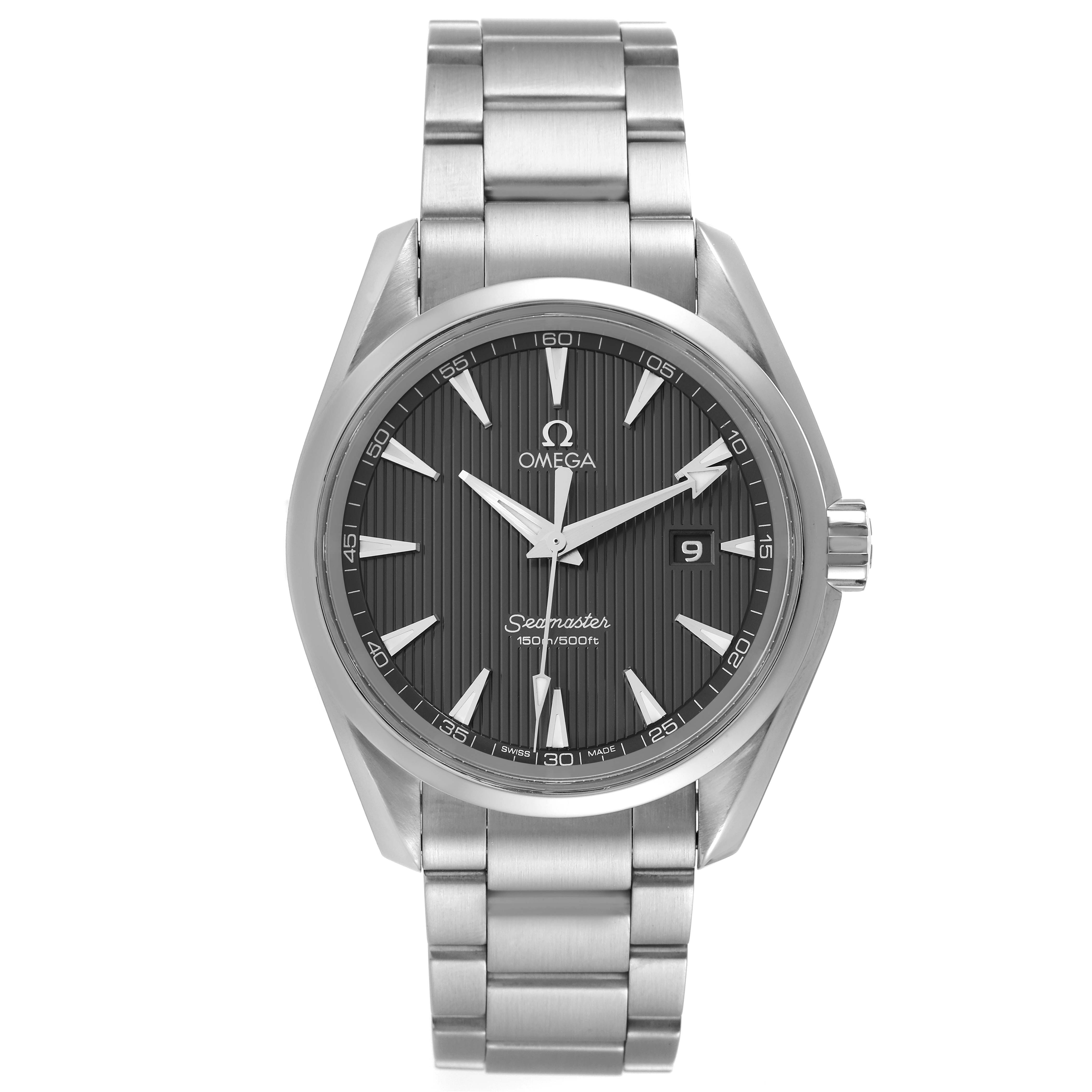 The Omega Aqua Terra 231.10.39.61.06.001 Men's Stainless Steel Grey Dial 231.10.39.61.06.001 Men's Stainless Steel Grey Dial watch is shown from the front angle, displaying its face, hour markers, hands, date window, and bracelet.