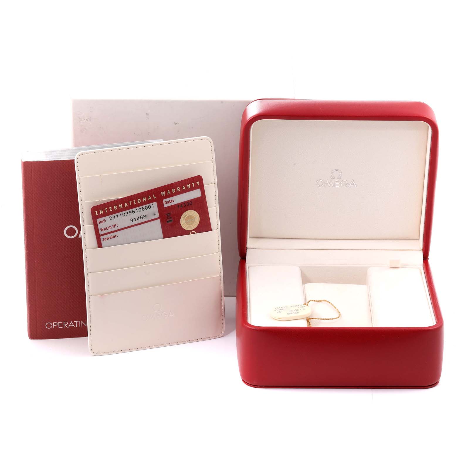 The image shows the accessories of the Omega Aqua Terra 231.10.39.61.06.001 Men's Stainless Steel Grey Dial 231.10.39.61.06.001 Men's Stainless Steel Grey Dial model, including the warranty card, cardholder, and the watch box.