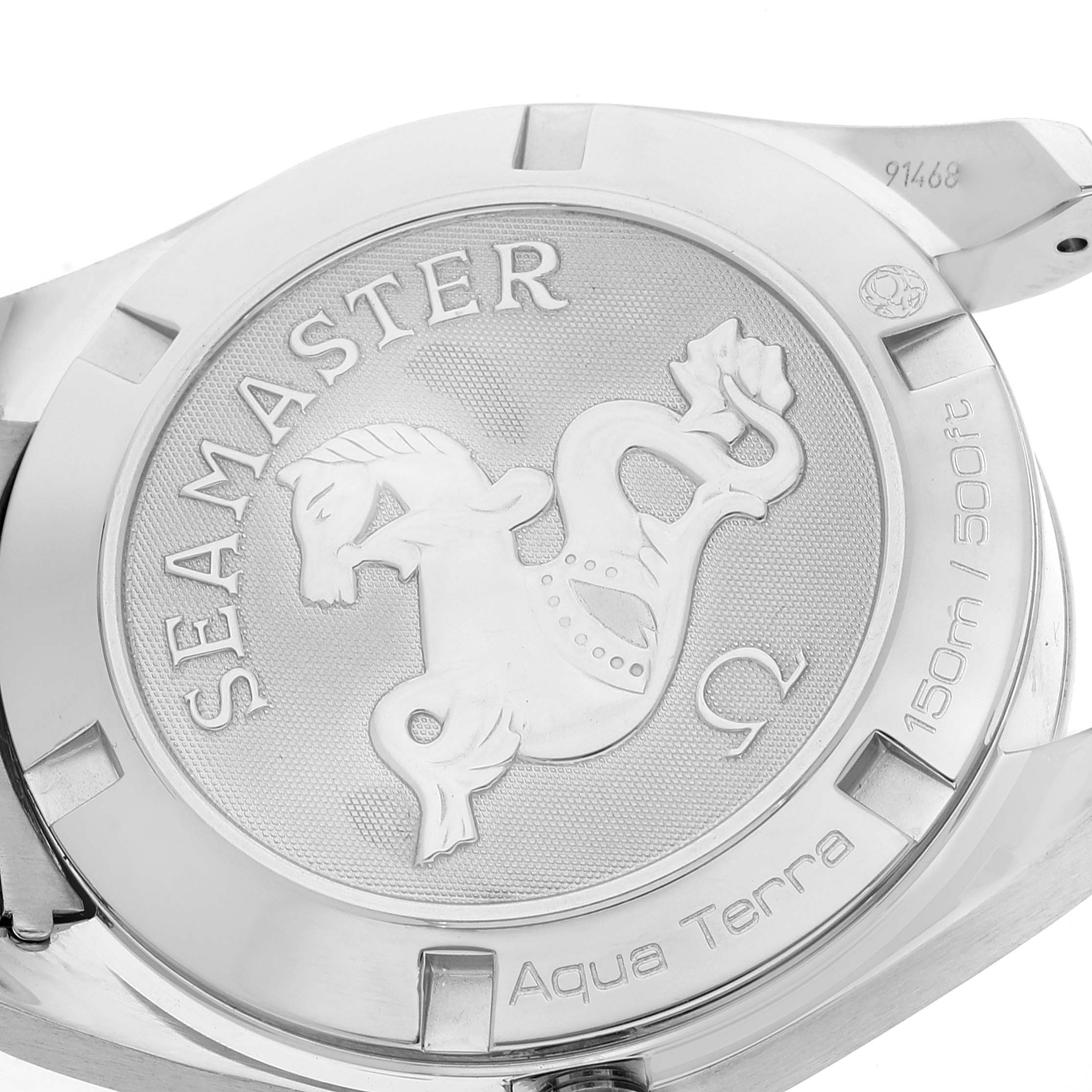 This image shows the case back of the Omega Aqua Terra 231.10.39.61.06.001 Men's Stainless Steel Grey Dial 231.10.39.61.06.001 Men's Stainless Steel Grey Dial Seamaster watch with its detailed engravings and design.