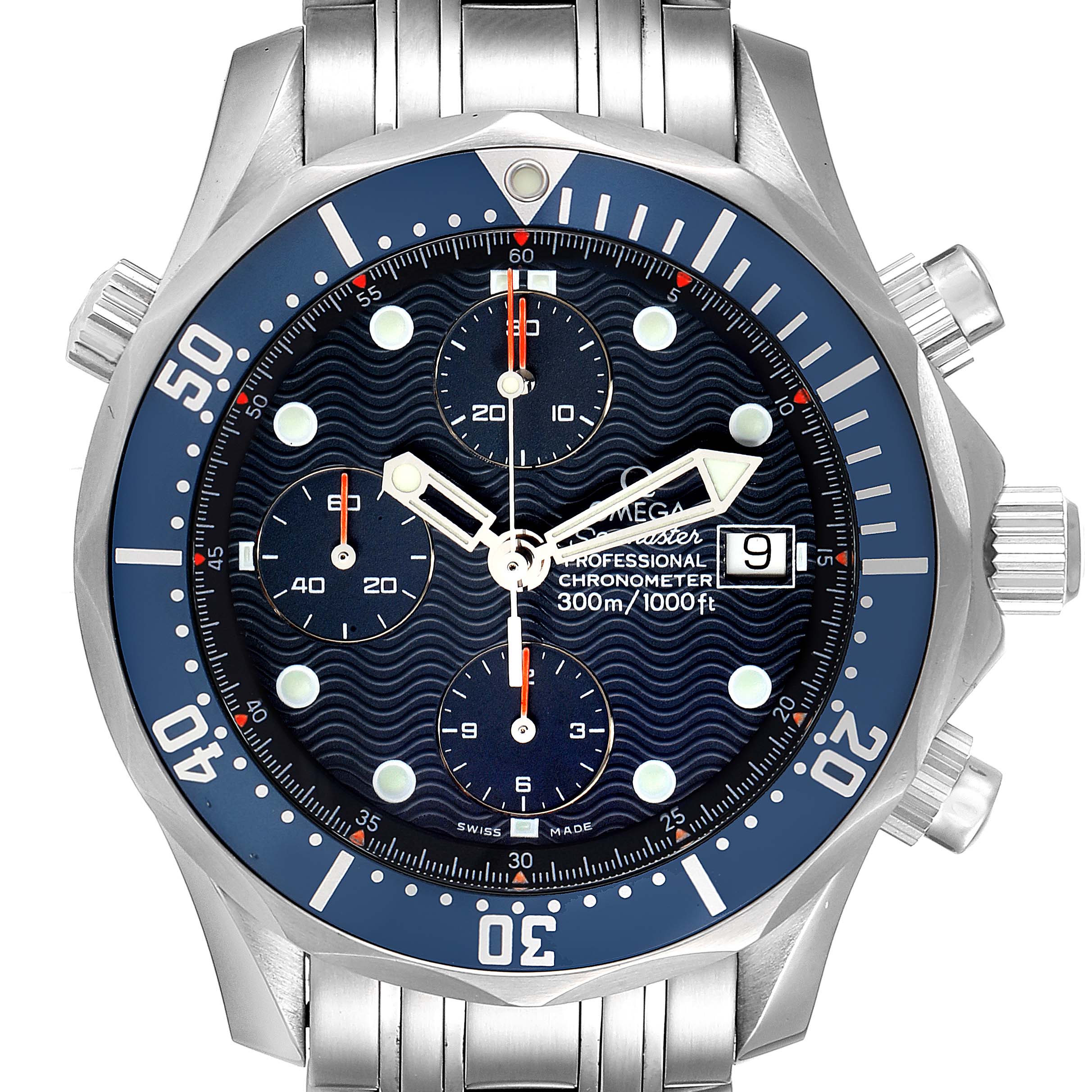 The image shows a front view of the Omega Seamaster 2599.80.00 Men's Stainless Steel Blue Dial 2599.80.00 Men's Stainless Steel Blue Dial watch, displaying the bezel, dial, chronograph subdials, date window, and bracelet.