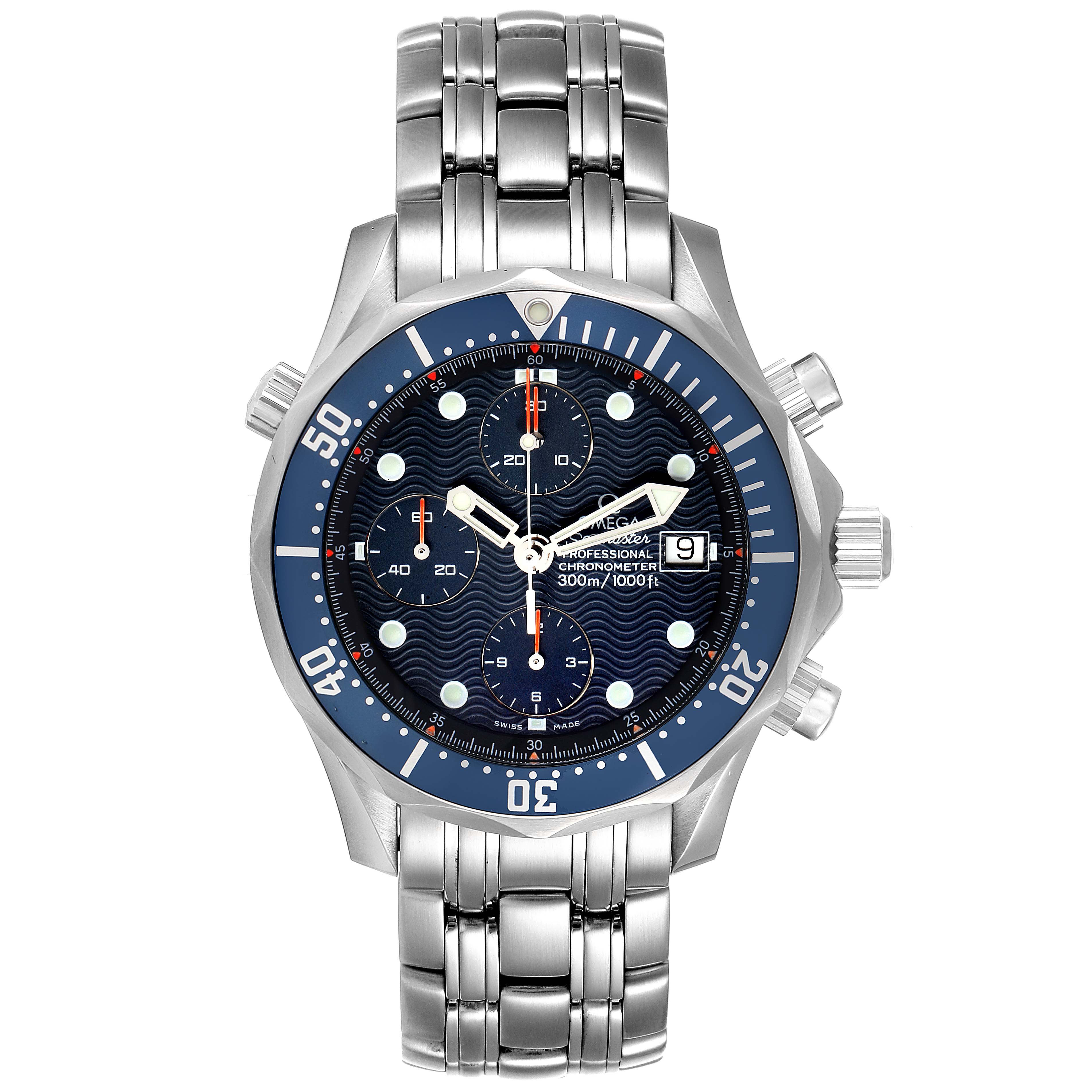 The image shows a front view of the Omega Seamaster 2599.80.00 Men's Stainless Steel Blue Dial 2599.80.00 Men's Stainless Steel Blue Dial watch, highlighting its dial, bezel, and stainless steel bracelet.