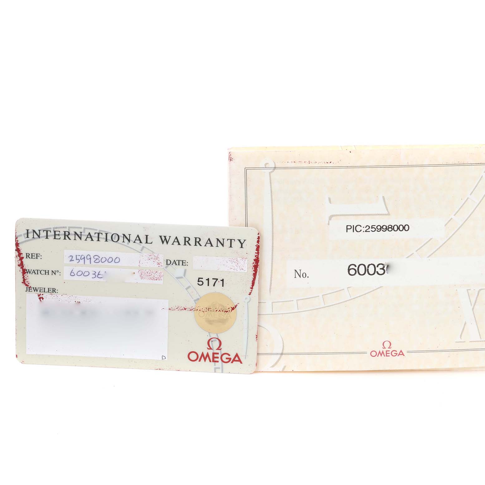 The image shows the international warranty card and packaging for an Omega Seamaster 2599.80.00 Men's Stainless Steel Blue Dial 2599.80.00 Men's Stainless Steel Blue Dial watch.