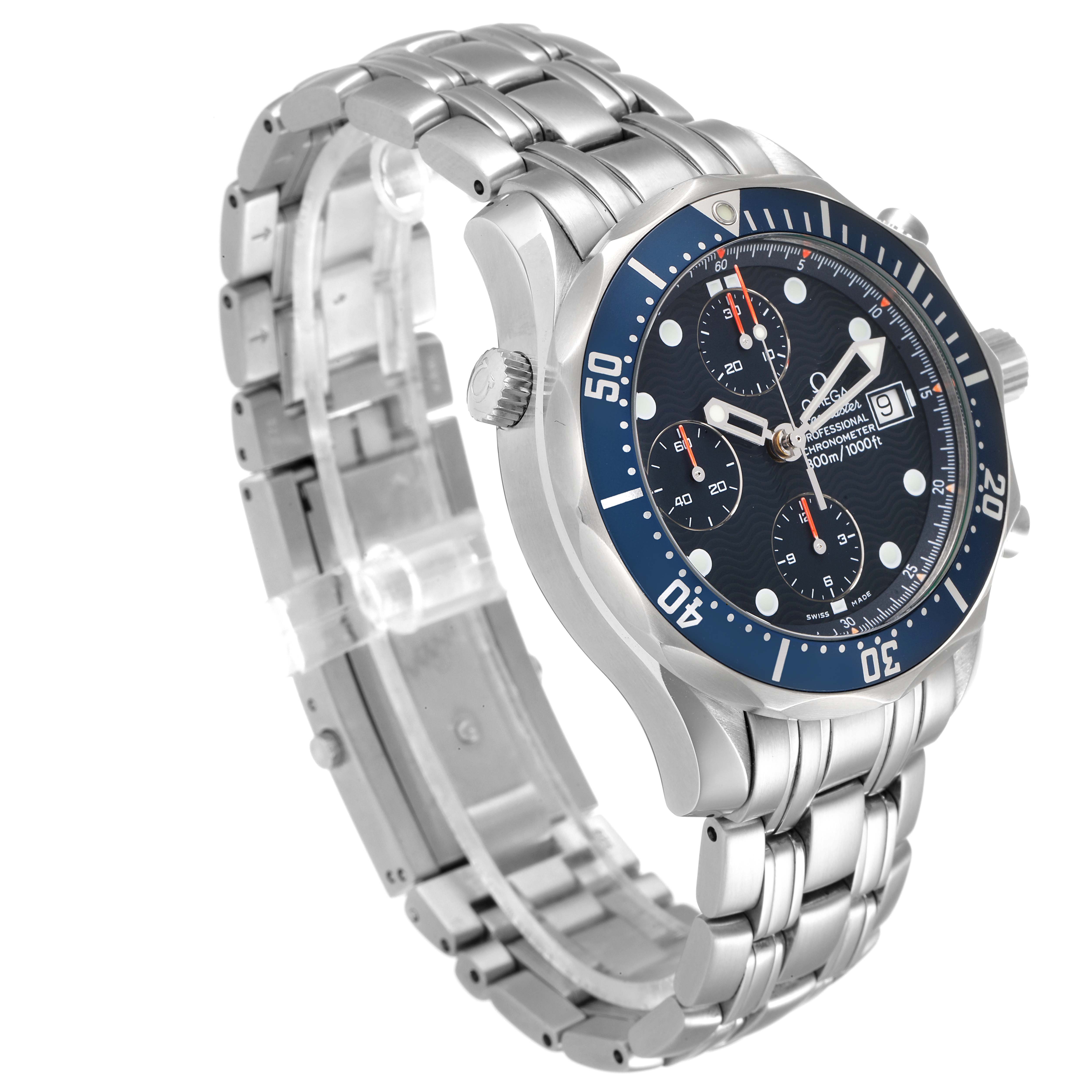 The Omega Seamaster 2599.80.00 Men's Stainless Steel Blue Dial 2599.80.00 Men's Stainless Steel Blue Dial watch is shown at an angled side view, showcasing the dial, bezel, bracelet, and pushers.