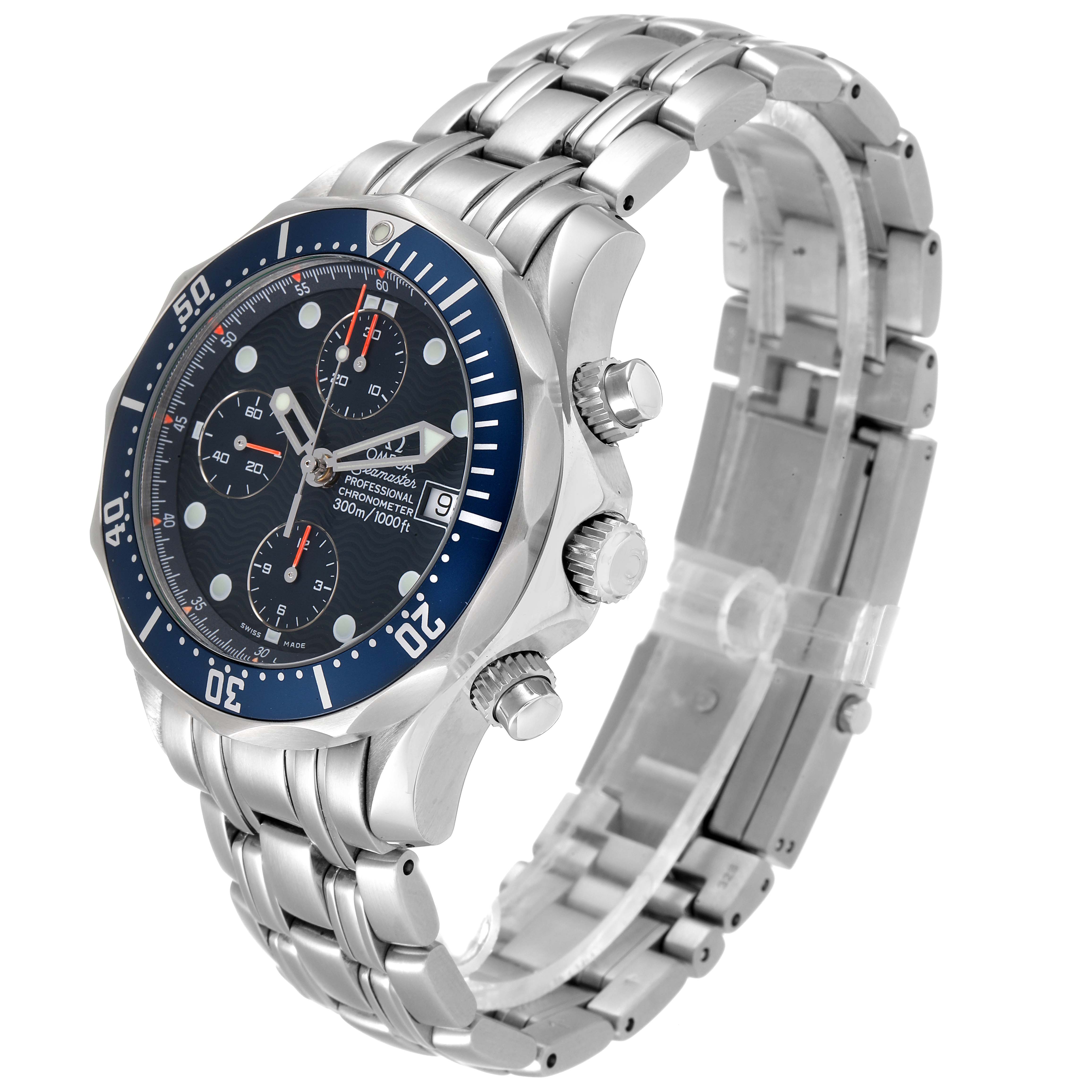 The Omega Seamaster 2599.80.00 Men's Stainless Steel Blue Dial 2599.80.00 Men's Stainless Steel Blue Dial watch is shown from an angle that highlights the face, bezel, and bracelet.