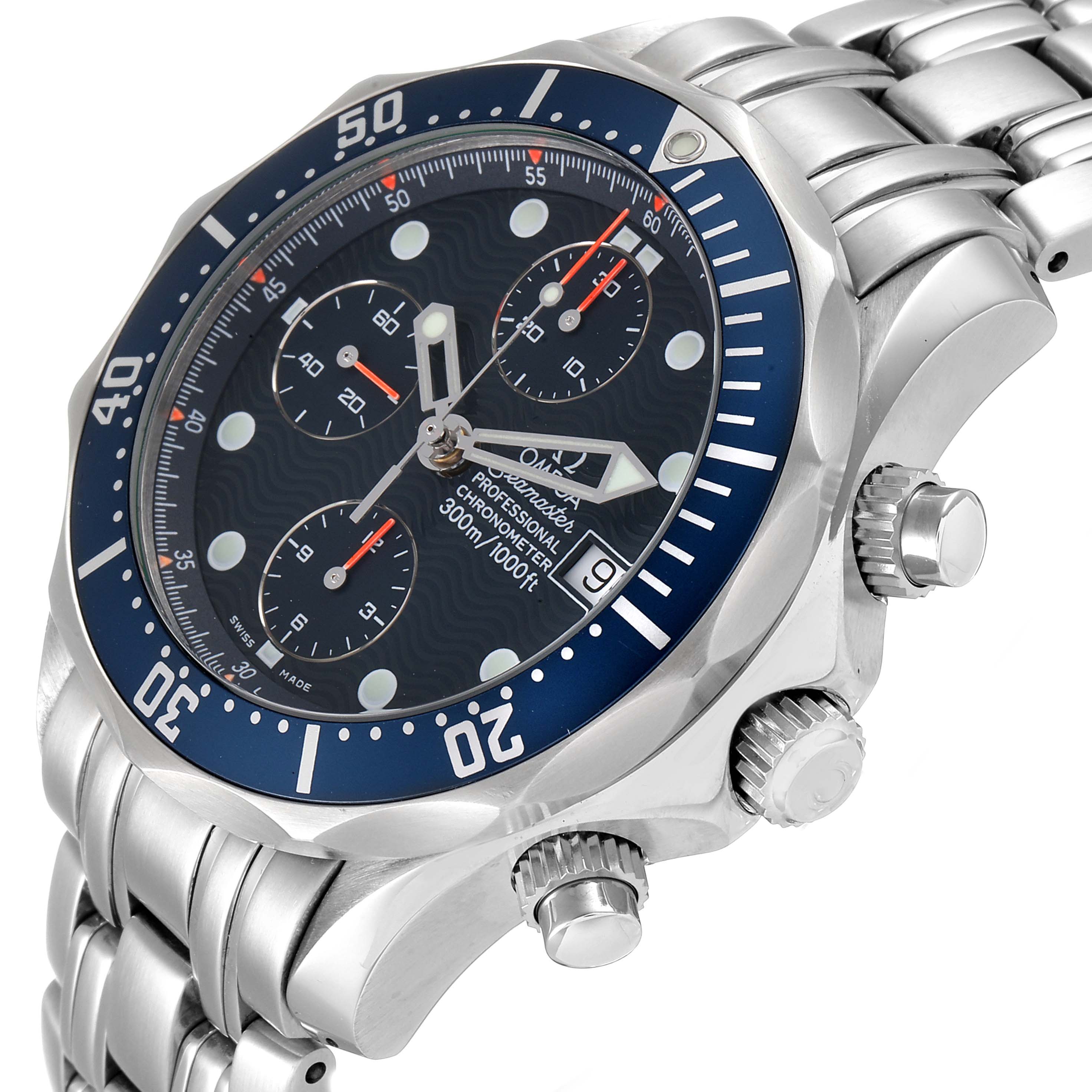 The Omega Seamaster 2599.80.00 Men's Stainless Steel Blue Dial 2599.80.00 Men's Stainless Steel Blue Dial watch is shown at an oblique angle, highlighting the dial, bezel, crown, pushers, and part of the bracelet.