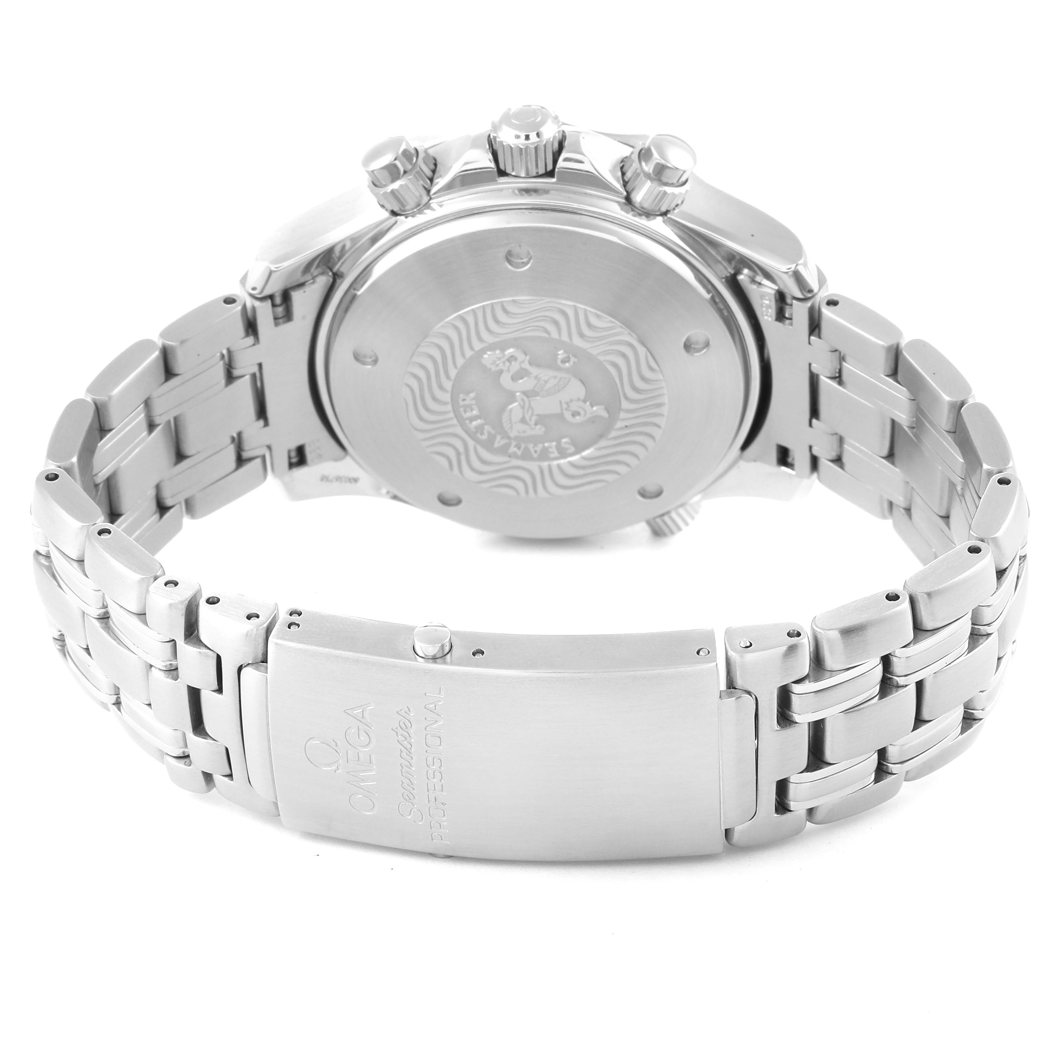 The image shows the back case, crown, and bracelet of an Omega Seamaster 2599.80.00 Men's Stainless Steel Blue Dial 2599.80.00 Men's Stainless Steel Blue Dial watch, displaying its clasp and engraved case back.