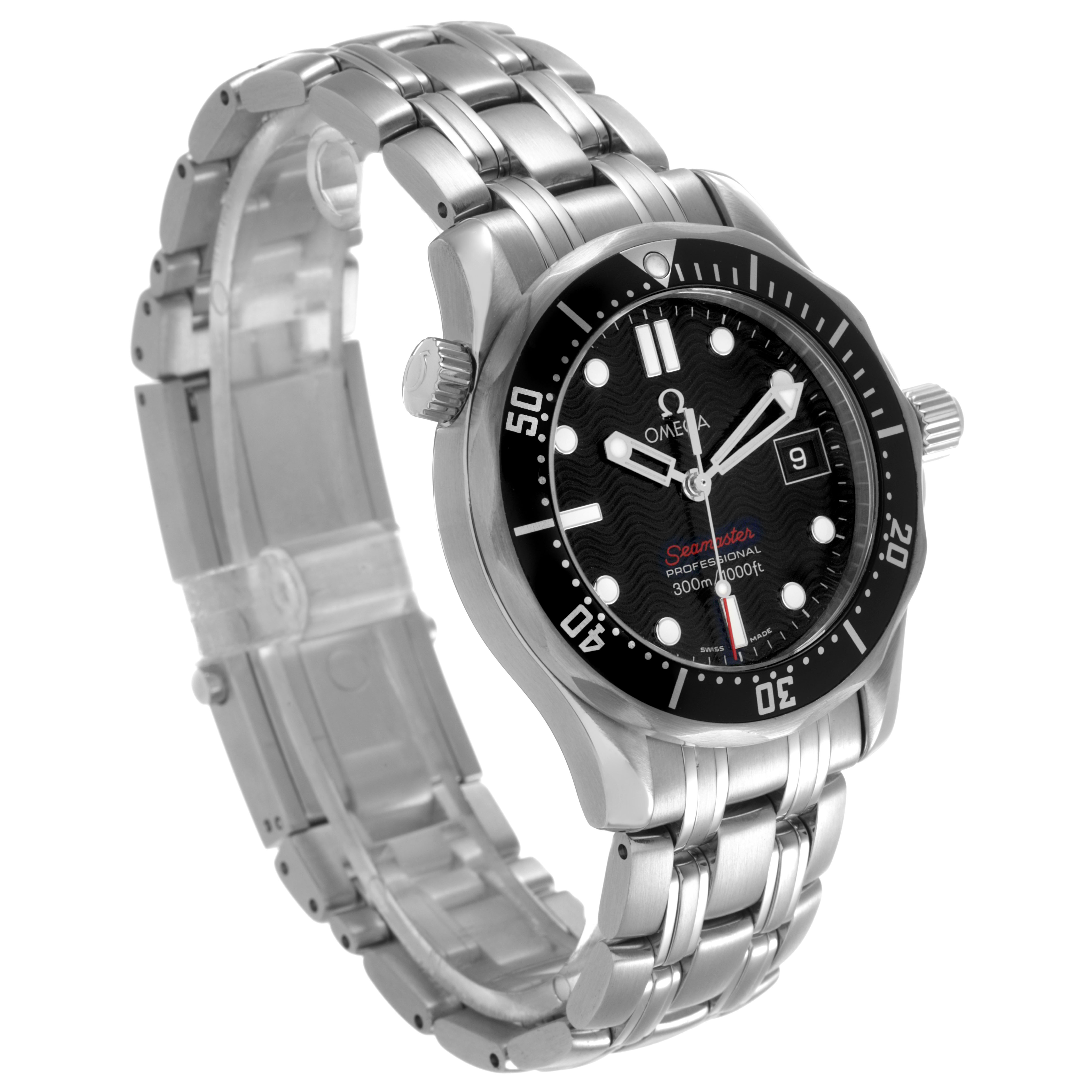 The Omega Seamaster 212.30.36.61.01.001 Men's Stainless Steel Black Dial watch is shown at a three-quarter angle, displaying the face, bezel, crown, and stainless steel bracelet.