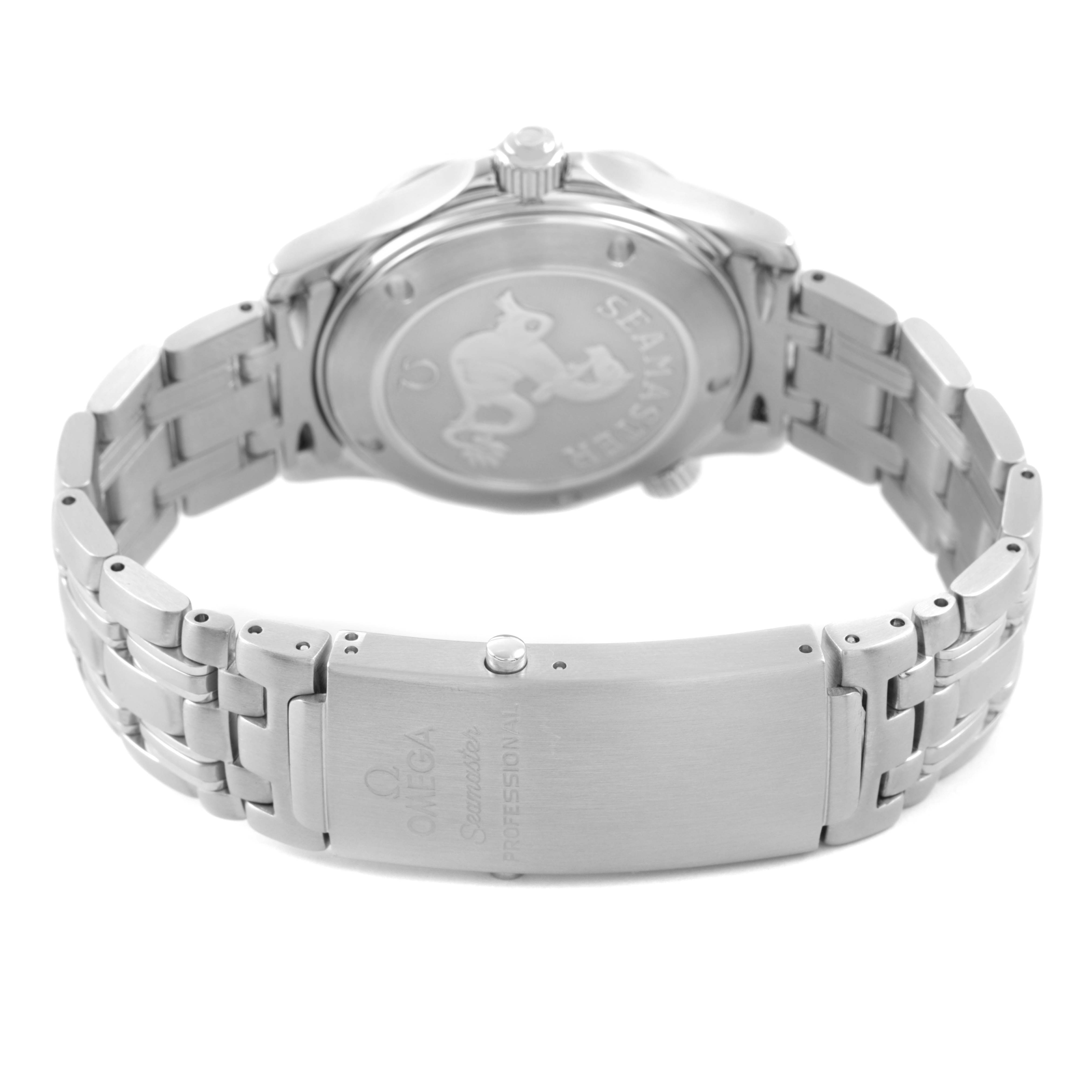 The Omega Seamaster 212.30.36.61.01.001 Men's Stainless Steel Black Dial is shown from the back, highlighting the bracelet and clasp, including the engraved details.