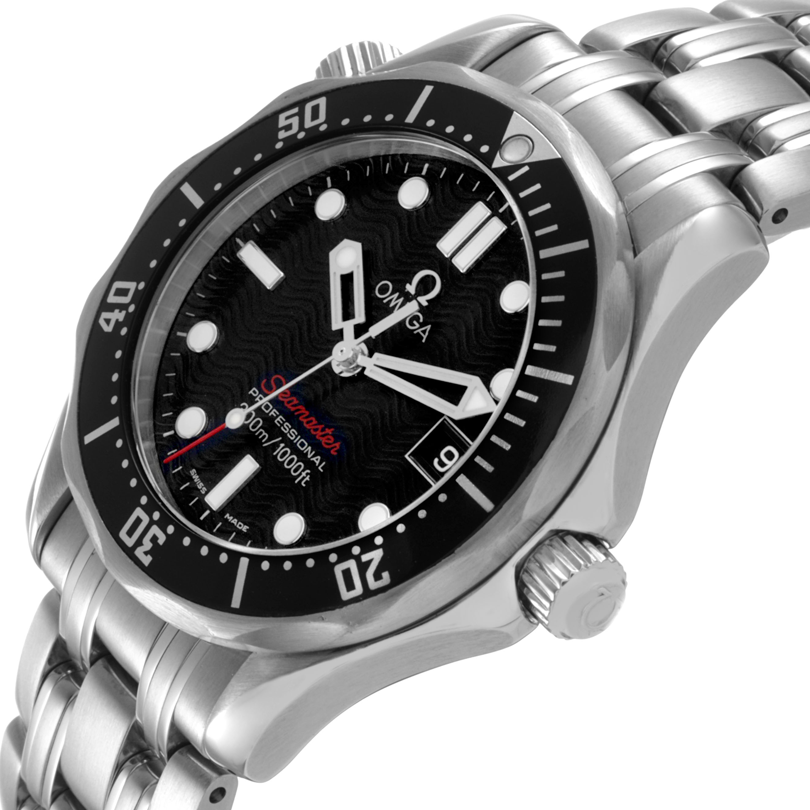 The Omega Seamaster 212.30.36.61.01.001 Men's Stainless Steel Black Dial watch is shown at a slight angle, highlighting its black dial, bezel, crown, and metal bracelet.