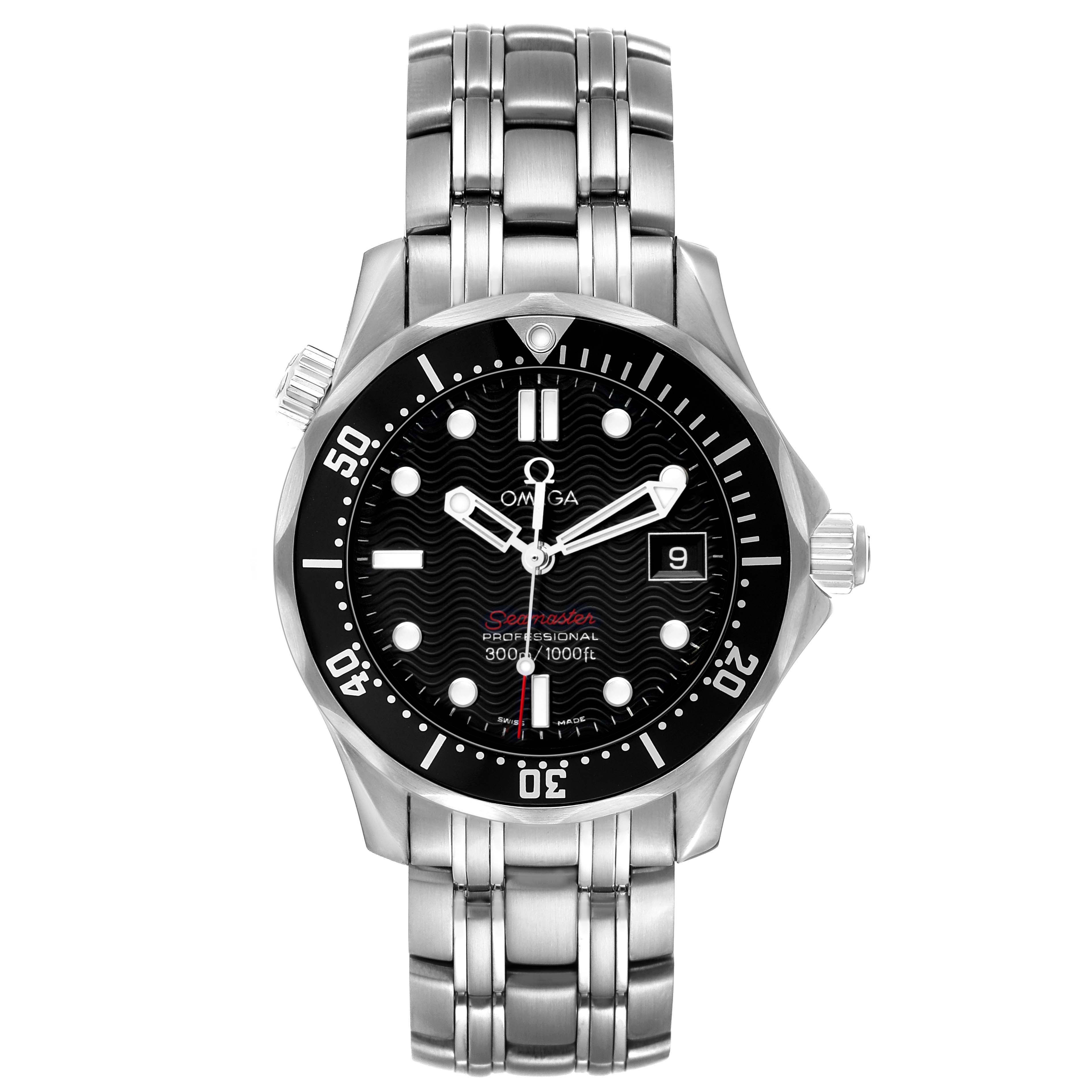 The Omega Seamaster 212.30.36.61.01.001 Men's Stainless Steel Black Dial watch is shown from a front view, displaying its bezel, dial, bracelet, and crown.