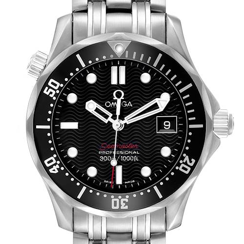 The Omega Seamaster 212.30.36.61.01.001 Men's Stainless Steel Black Dial watch is shown from the front, displaying the dial, bezel, and bracelet.