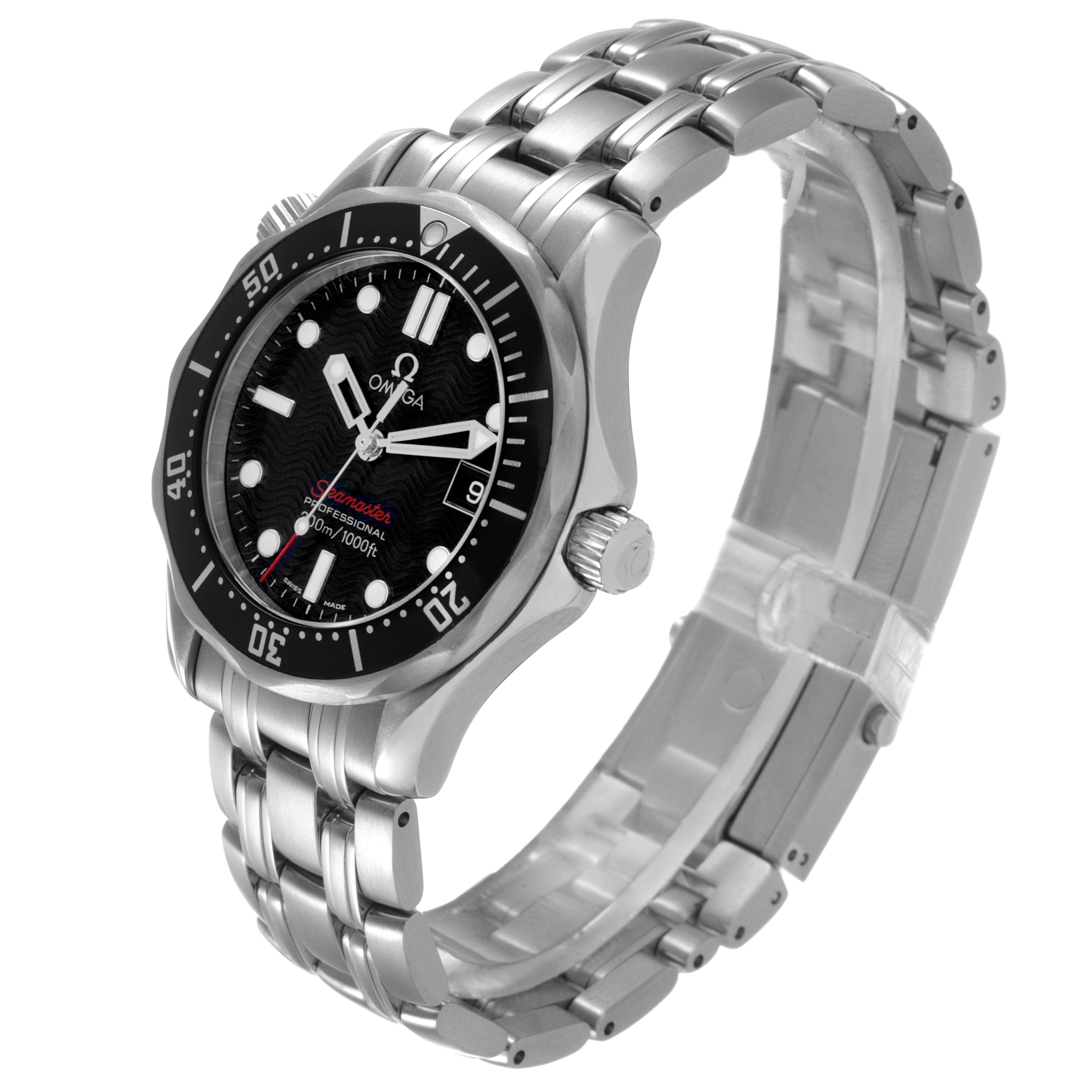 The Omega Seamaster 212.30.36.61.01.001 Men's Stainless Steel Black Dial watch is shown at a three-quarter angle, highlighting the face, bezel, and stainless steel bracelet.