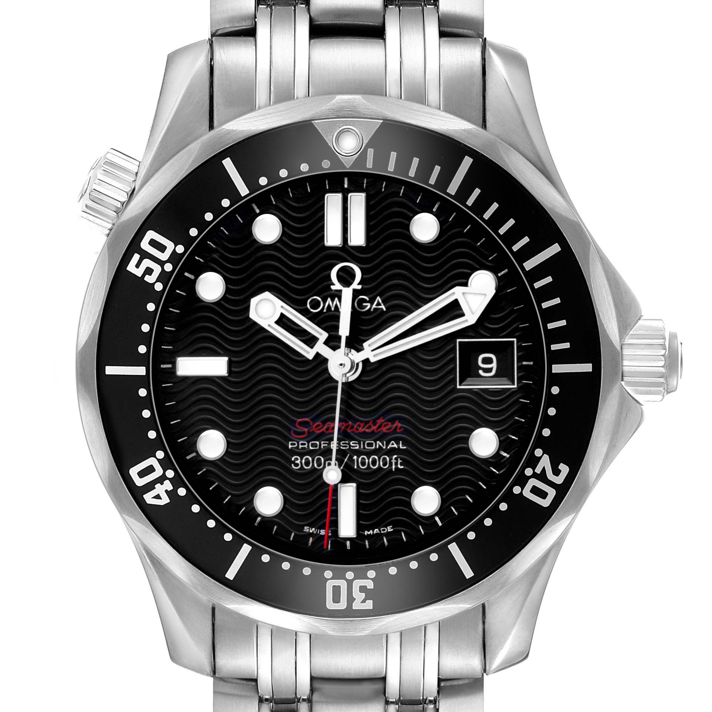 The Omega Seamaster 212.30.36.61.01.001 Men's Stainless Steel Black Dial watch is shown from a top-down angle, displaying the face, bezel, crown, and part of the bracelet.