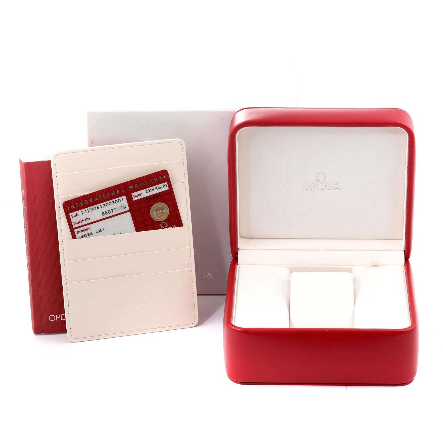 The image shows the Omega Seamaster 212.30.41.20.03.001 Men's Stainless Steel Blue Dial 212.30.41.20.03.001 Men's Stainless Steel Blue Dial model accessories including a red watch box, an instruction manual, and an authenticity cardholder.