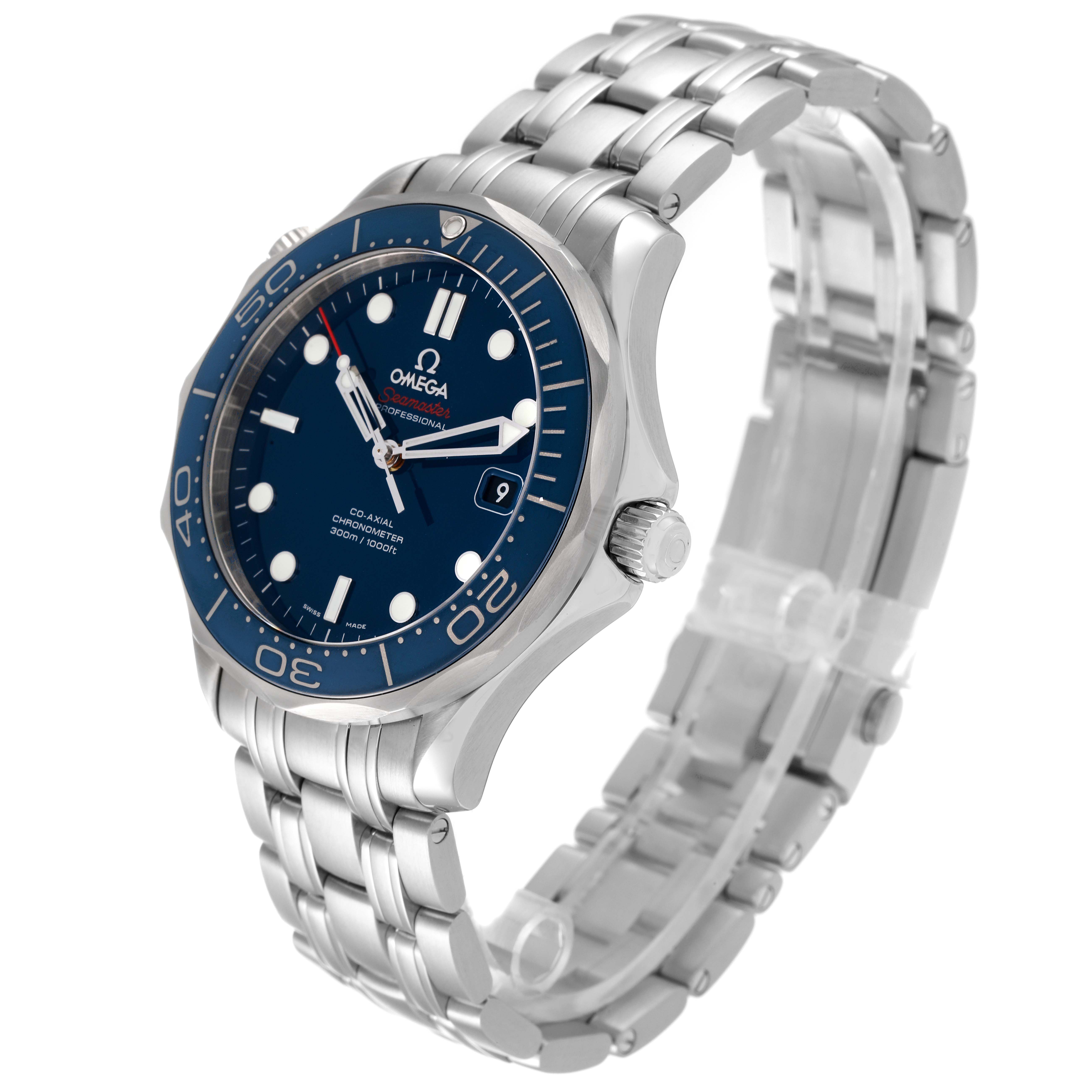 The image shows an Omega Seamaster 212.30.41.20.03.001 Men's Stainless Steel Blue Dial 212.30.41.20.03.001 Men's Stainless Steel Blue Dial watch at a slight angle, displaying its face, bezel, crown, and part of its metal bracelet.