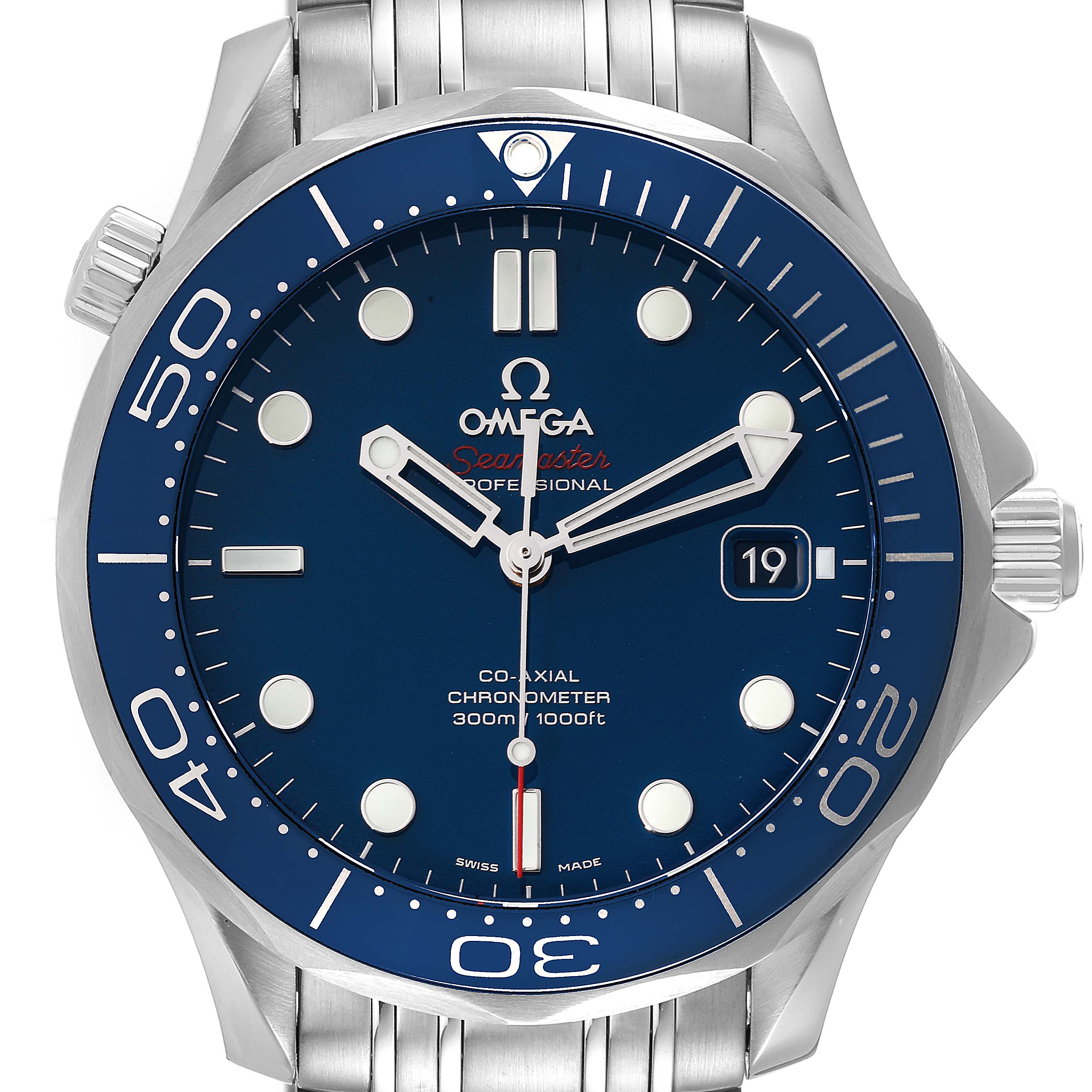 The image shows a front view of an Omega Seamaster 212.30.41.20.03.001 Men's Stainless Steel Blue Dial 212.30.41.20.03.001 Men's Stainless Steel Blue Dial Professional watch, focusing on its face, bezel, and part of the bracelet.