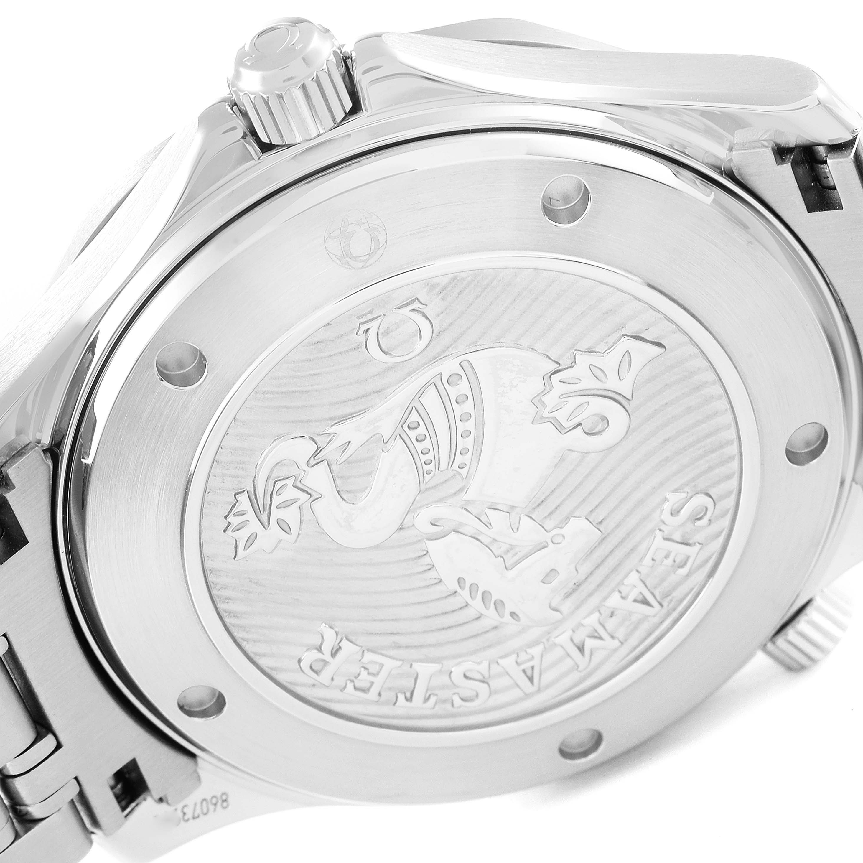 The image shows the back case and crown of the Omega Seamaster 212.30.41.20.03.001 Men's Stainless Steel Blue Dial 212.30.41.20.03.001 Men's Stainless Steel Blue Dial watch at a slightly angled view.