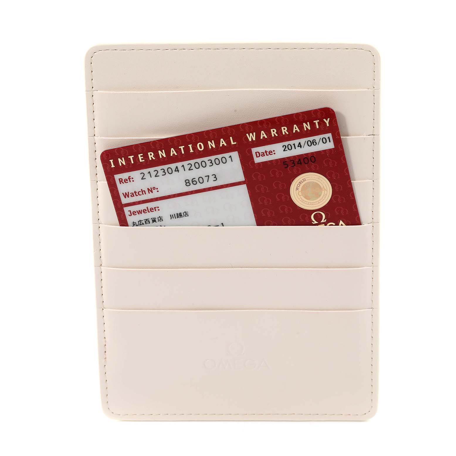 The image shows the back of an Omega Seamaster 212.30.41.20.03.001 Men's Stainless Steel Blue Dial 212.30.41.20.03.001 Men's Stainless Steel Blue Dial warranty card inside a cream-colored cardholder.