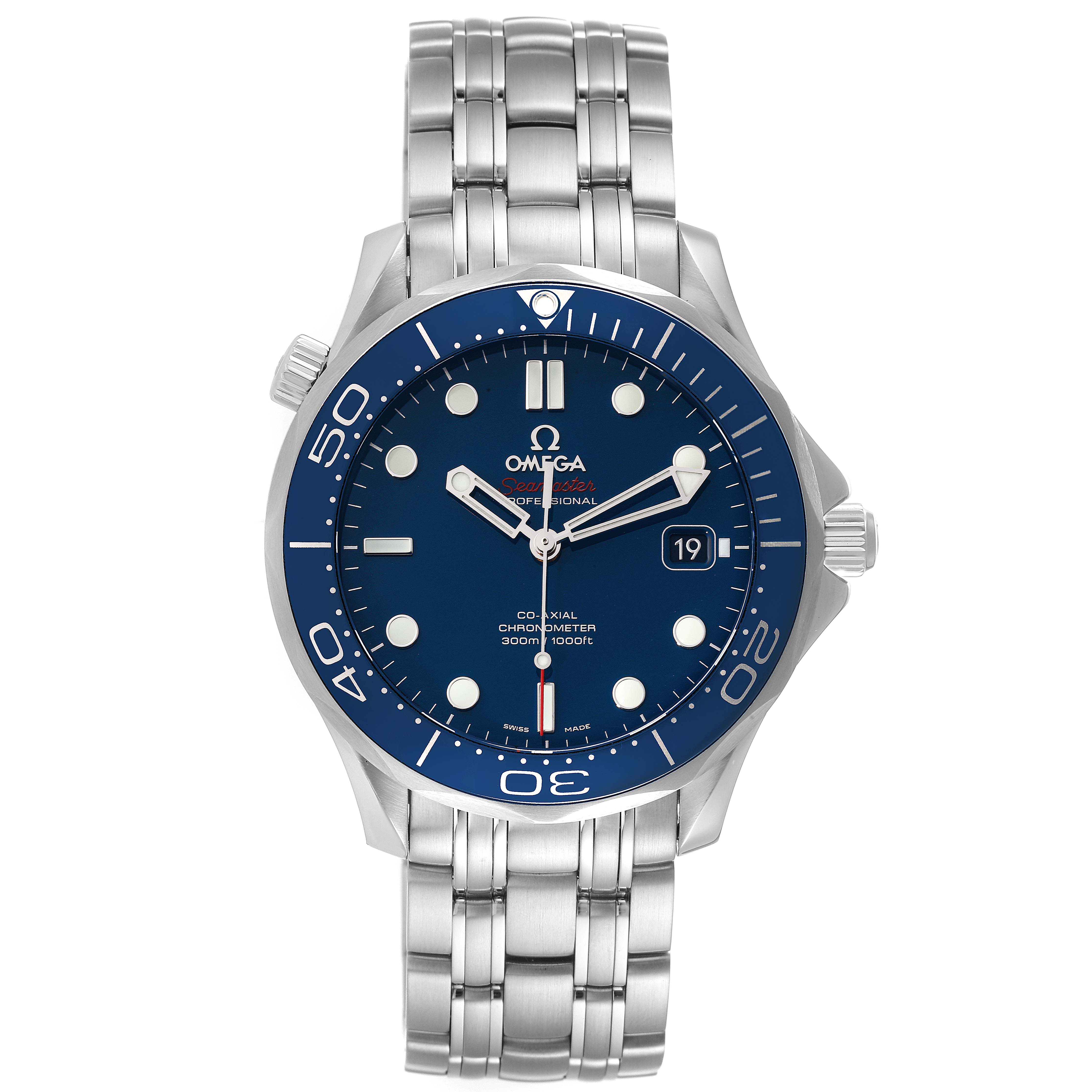 This image shows a front view of the Omega Seamaster 212.30.41.20.03.001 Men's Stainless Steel Blue Dial 212.30.41.20.03.001 Men's Stainless Steel Blue Dial watch, highlighting its blue dial, bezel, and stainless steel bracelet.