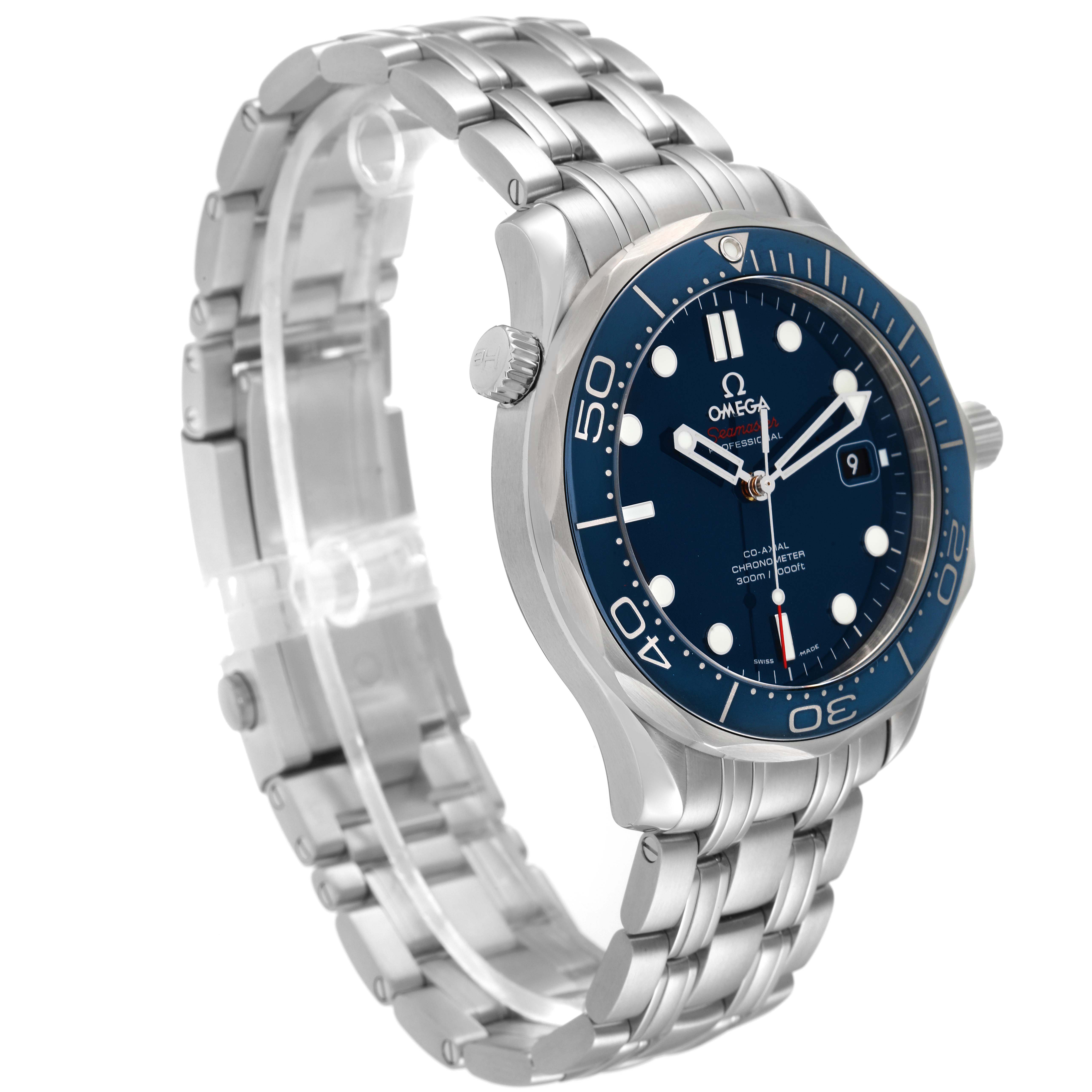 This is a side-angled view of an Omega Seamaster 212.30.41.20.03.001 Men's Stainless Steel Blue Dial 212.30.41.20.03.001 Men's Stainless Steel Blue Dial watch, showing the bracelet, case, bezel, and dial.