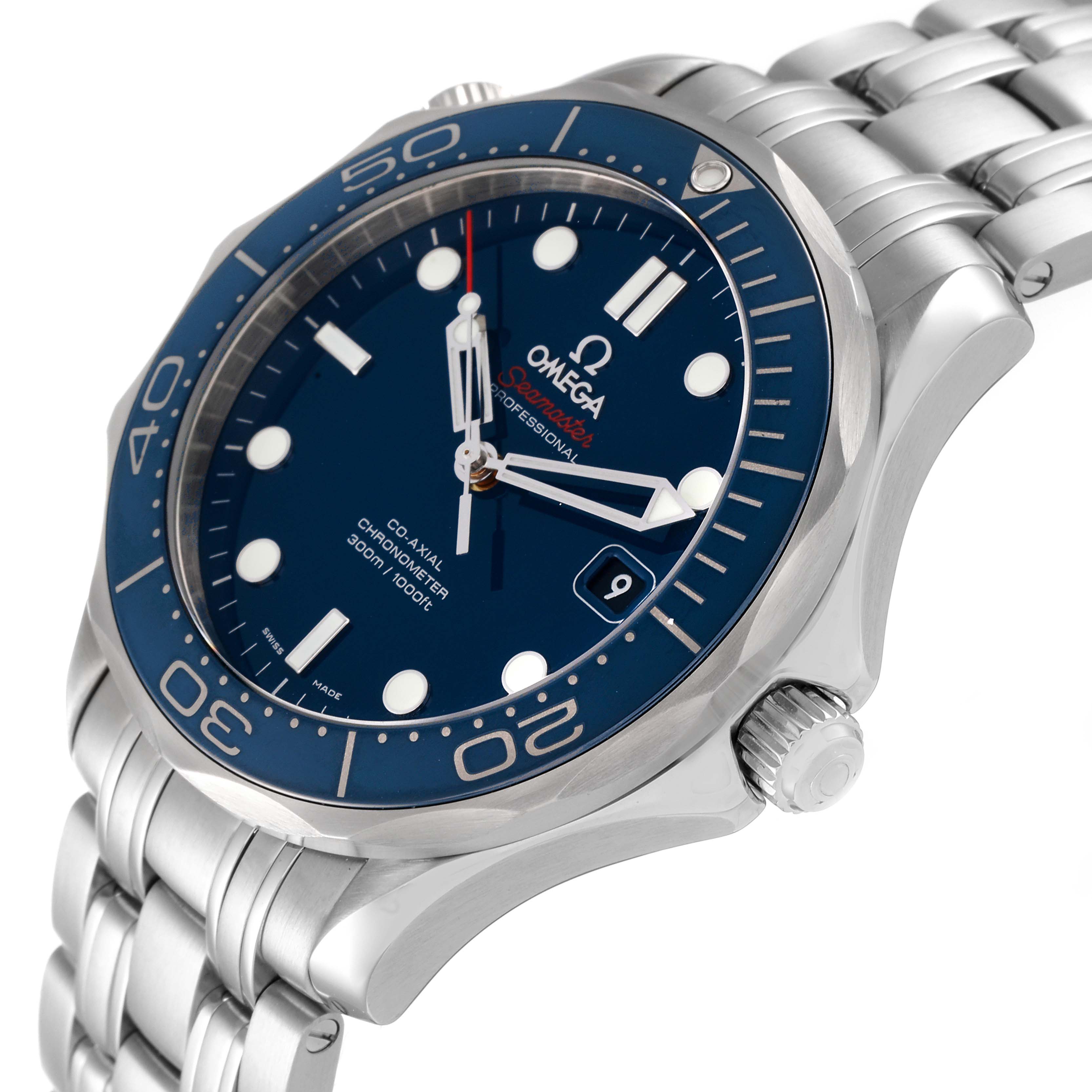 The image shows an angled view of an Omega Seamaster 212.30.41.20.03.001 Men's Stainless Steel Blue Dial 212.30.41.20.03.001 Men's Stainless Steel Blue Dial, highlighting its bezel, dial, hands, crown, and metal strap.