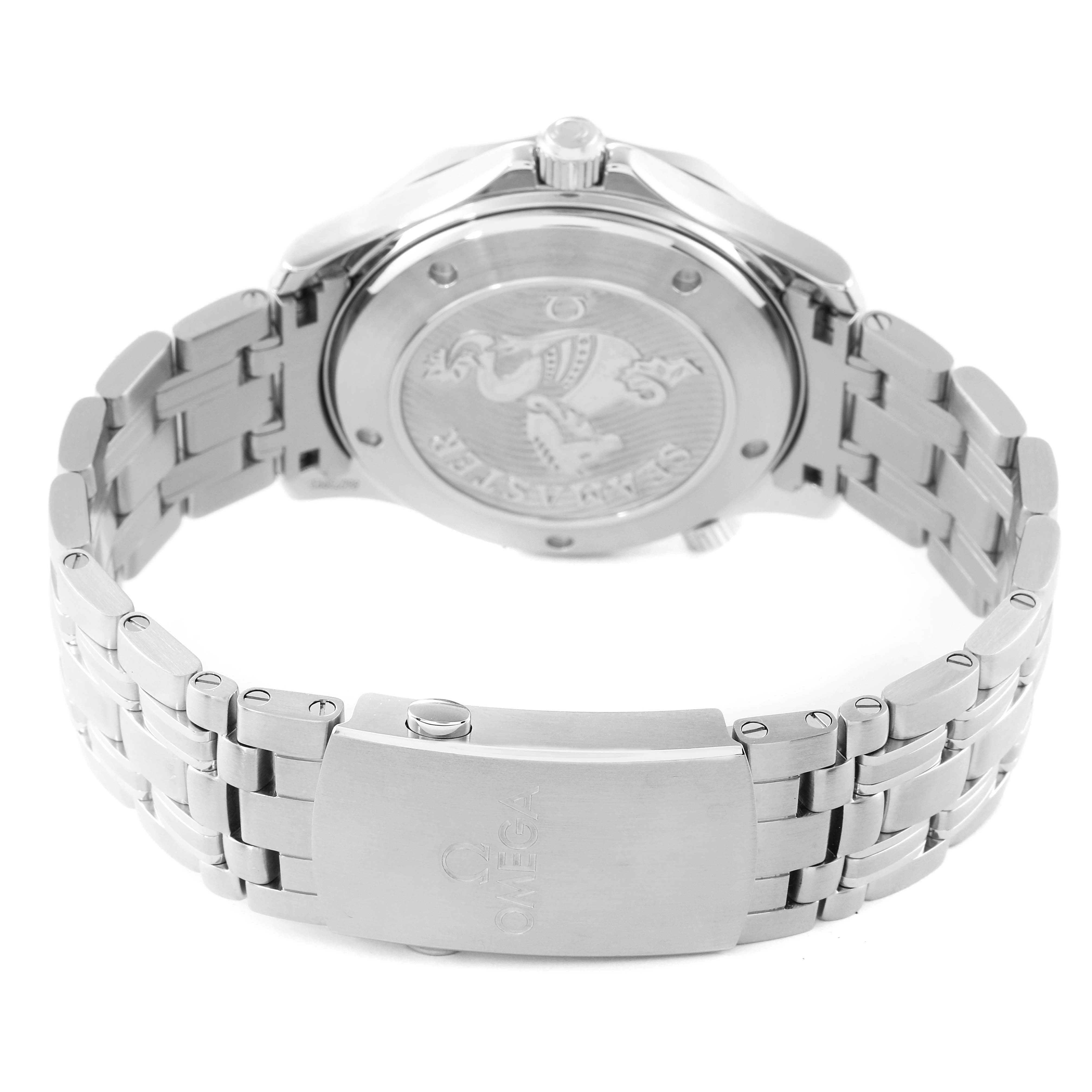 The image shows the back and clasp of the Omega Seamaster 212.30.41.20.03.001 Men's Stainless Steel Blue Dial 212.30.41.20.03.001 Men's Stainless Steel Blue Dial watch, highlighting its stainless steel bracelet and engraved case back.