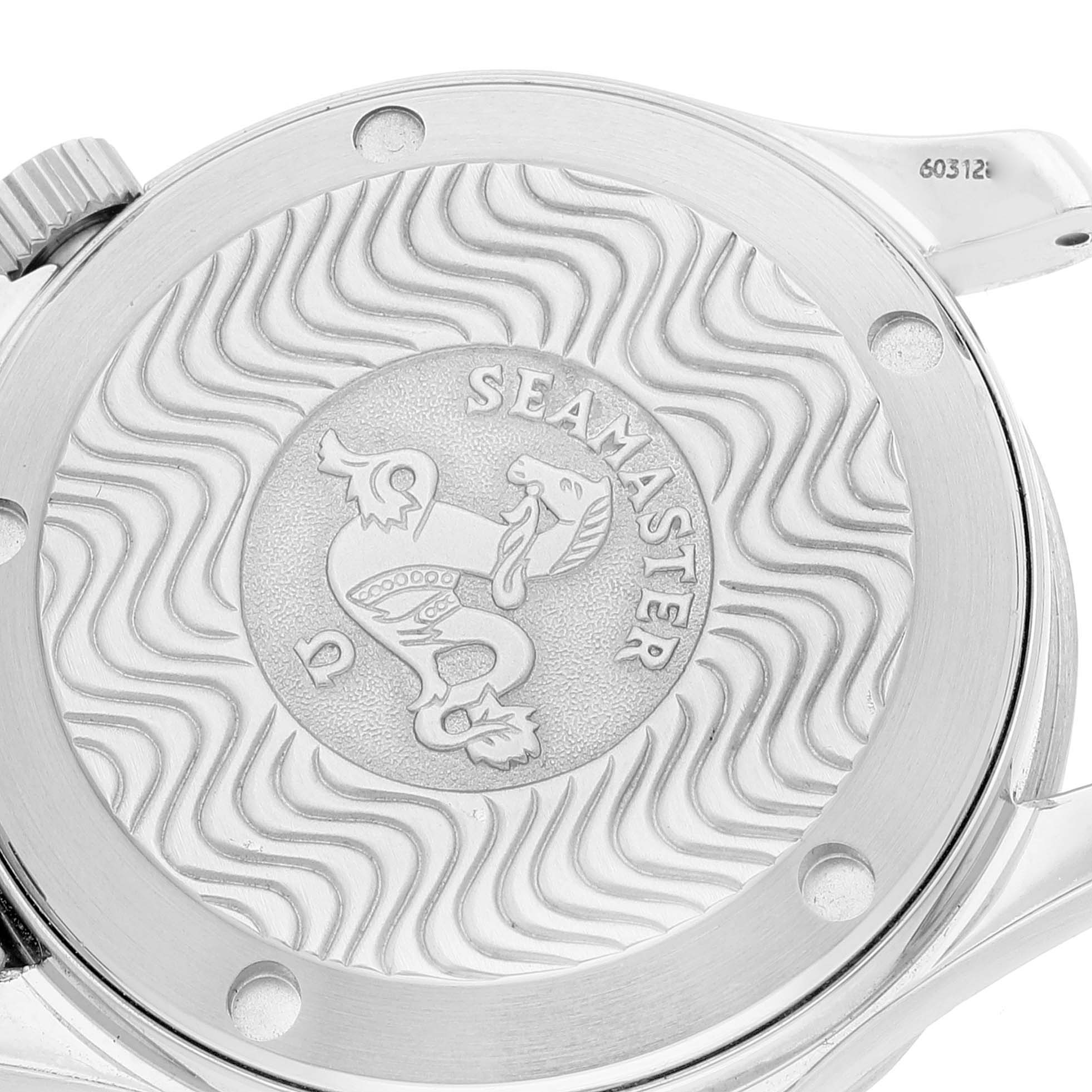 The image shows the case back of an Omega Seamaster 2552.20.00 Men's Stainless Steel White Dial 2552.20.00 Men's Stainless Steel White Dial watch, featuring its distinctive wave pattern and engraved logo.