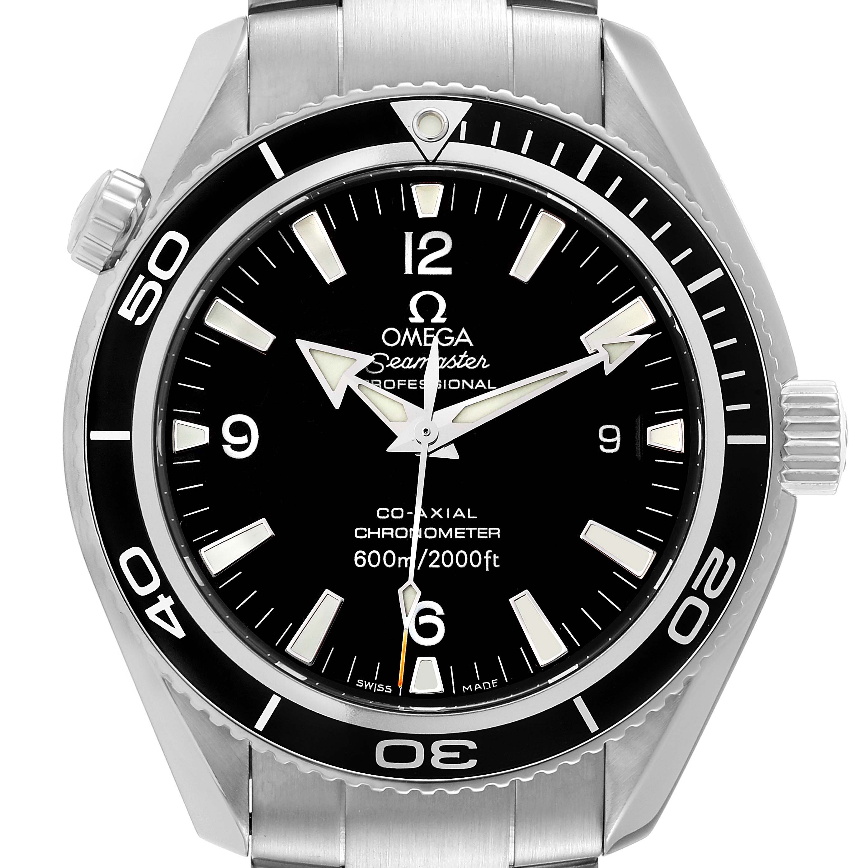 The Omega Planet Ocean 2201.50.00 Men
s Stainless Steel Black Dial 2201.50.00 Men
s Stainless Steel Black Dial watch is shown from a front angle, highlighting its dial, bezel, and part of the bracelet.