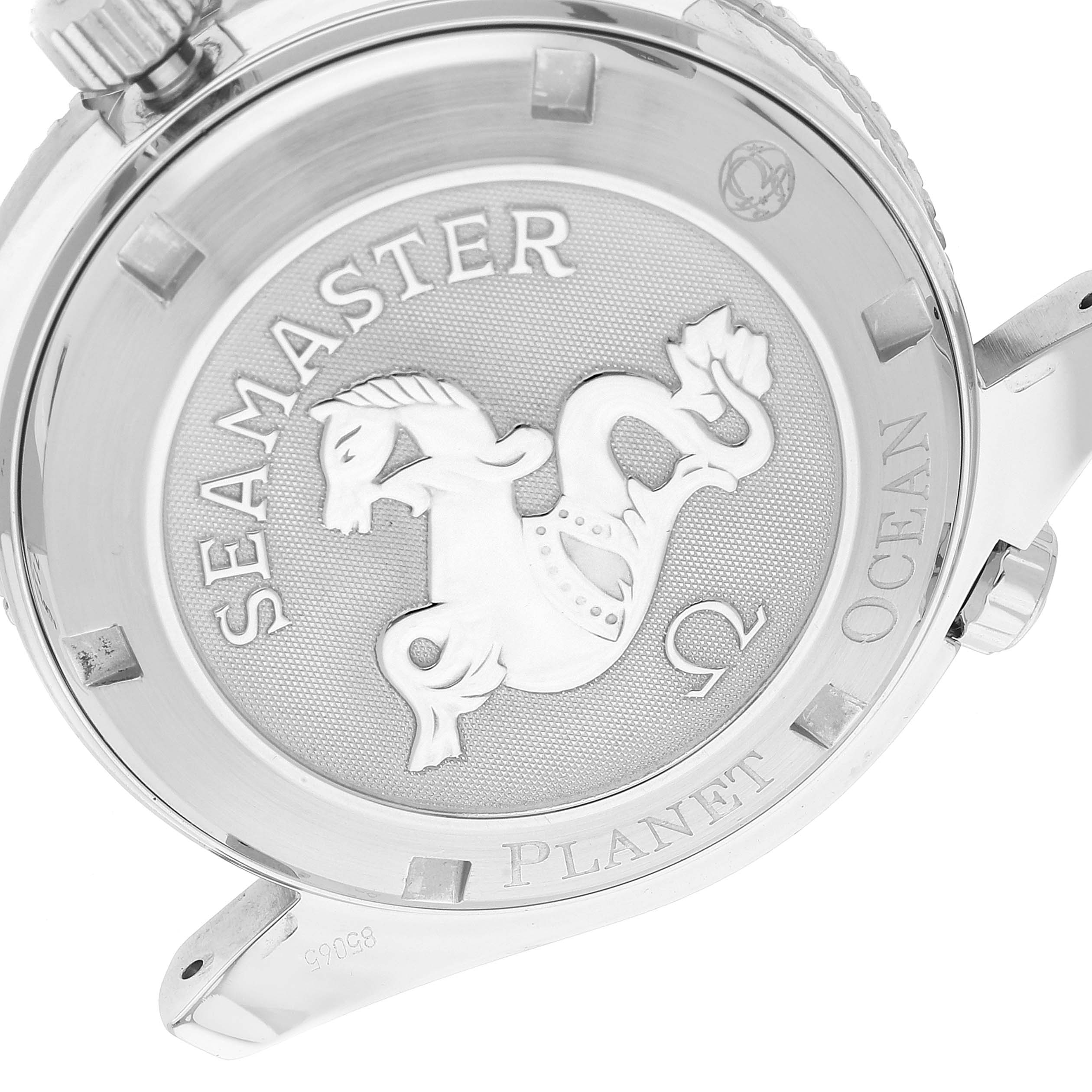 The image shows the case back of the Omega Planet Ocean 2201.50.00 Men
s Stainless Steel Black Dial 2201.50.00 Men
s Stainless Steel Black Dial model, featuring the "Seamaster" engraving and logo.