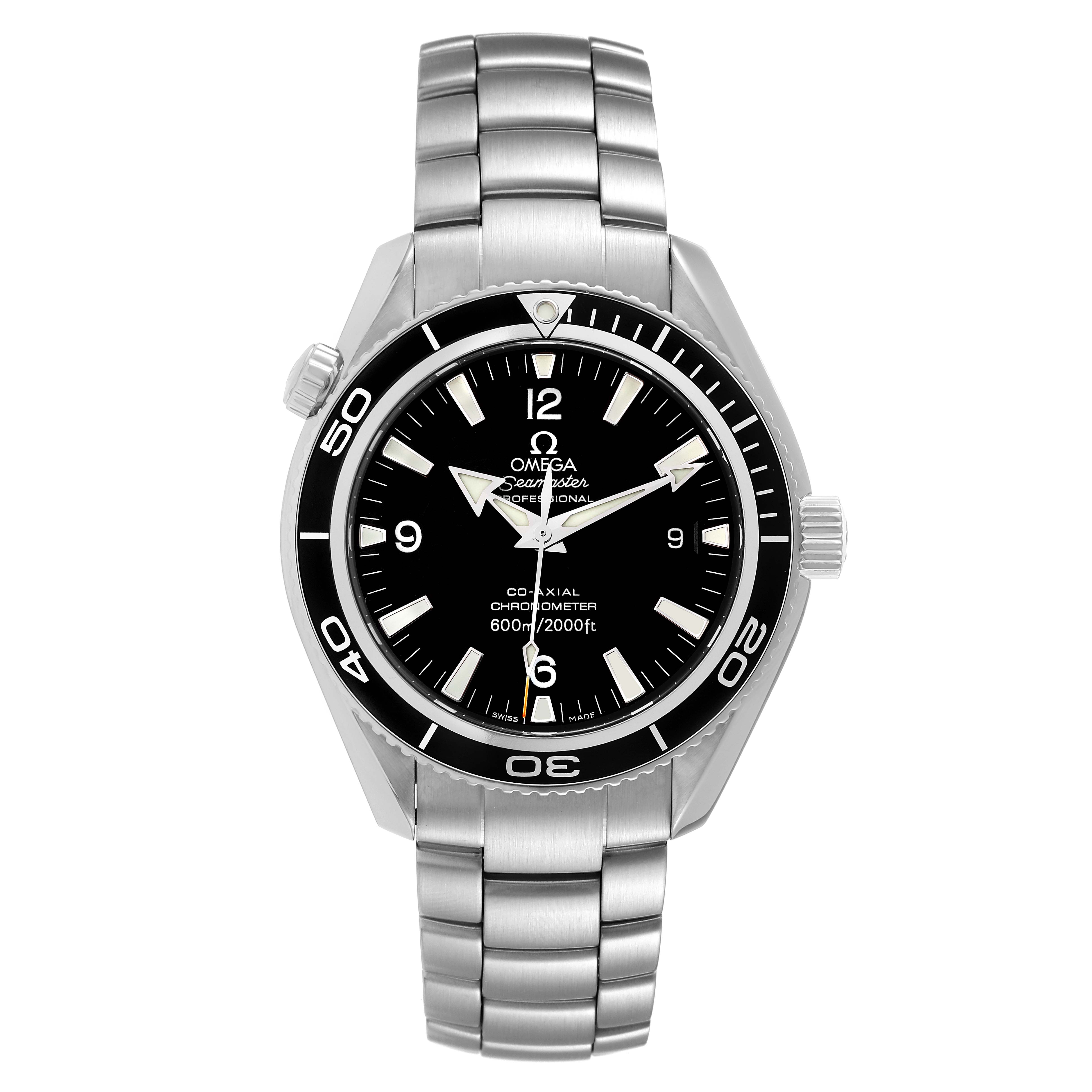 The image shows a front view of an Omega Planet Ocean 2201.50.00 Men
s Stainless Steel Black Dial 2201.50.00 Men
s Stainless Steel Black Dial watch, displaying the face, bezel, crown, and bracelet.